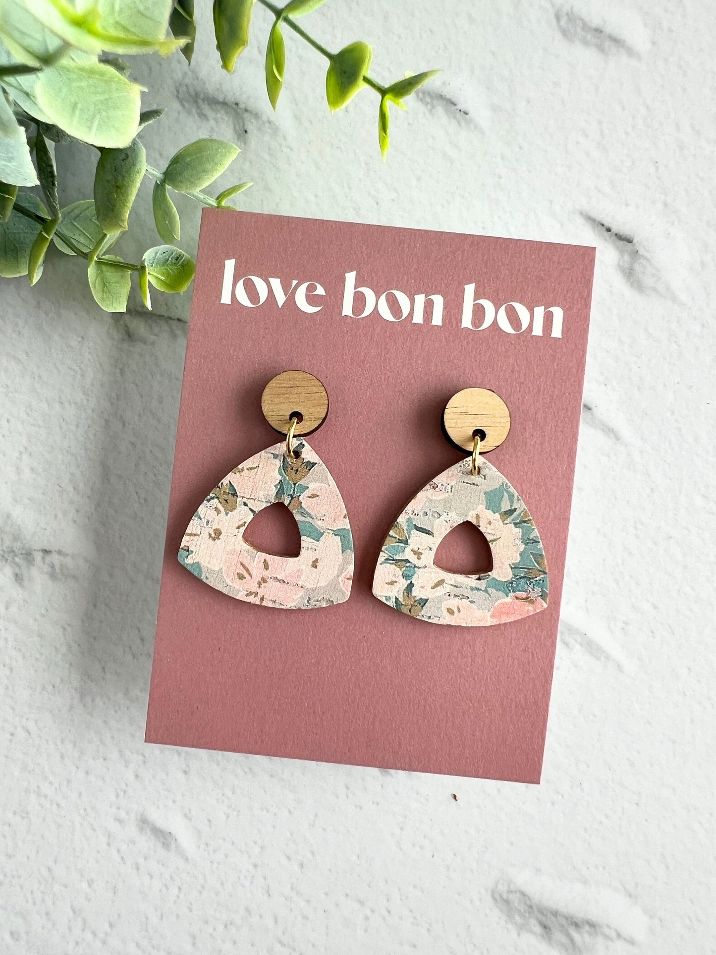 Cork and Leather Handmade Petite Cut-Out Triangle Earring with Wooden topper & stainless steel post, dangle earring, birthday gift