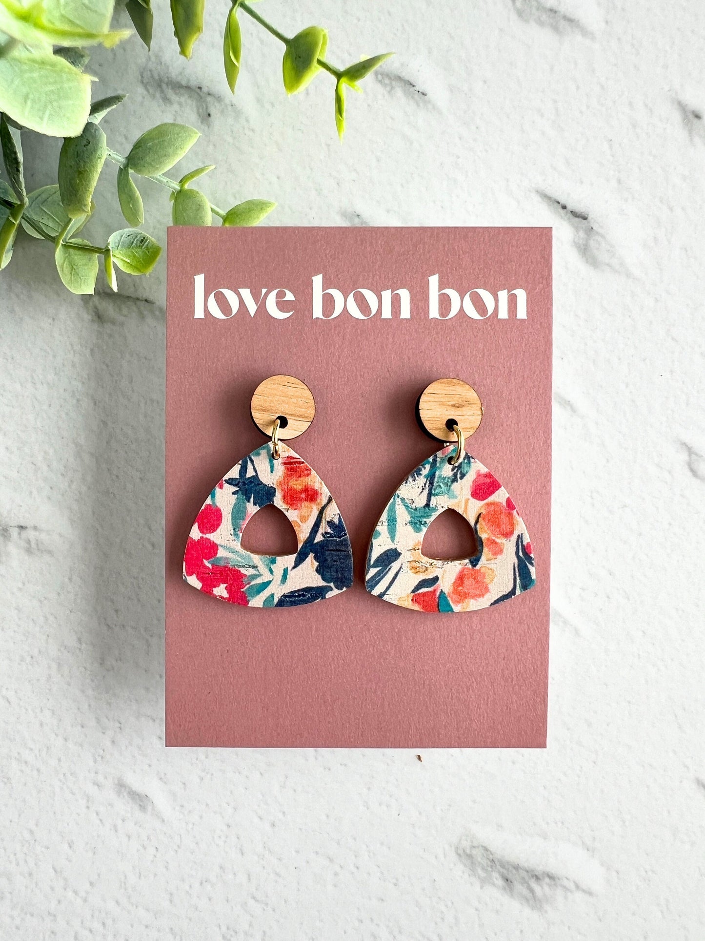 Cork and Leather Handmade Petite Cut-Out Triangle Earring with Wooden topper & stainless steel post, dangle earring, birthday gift