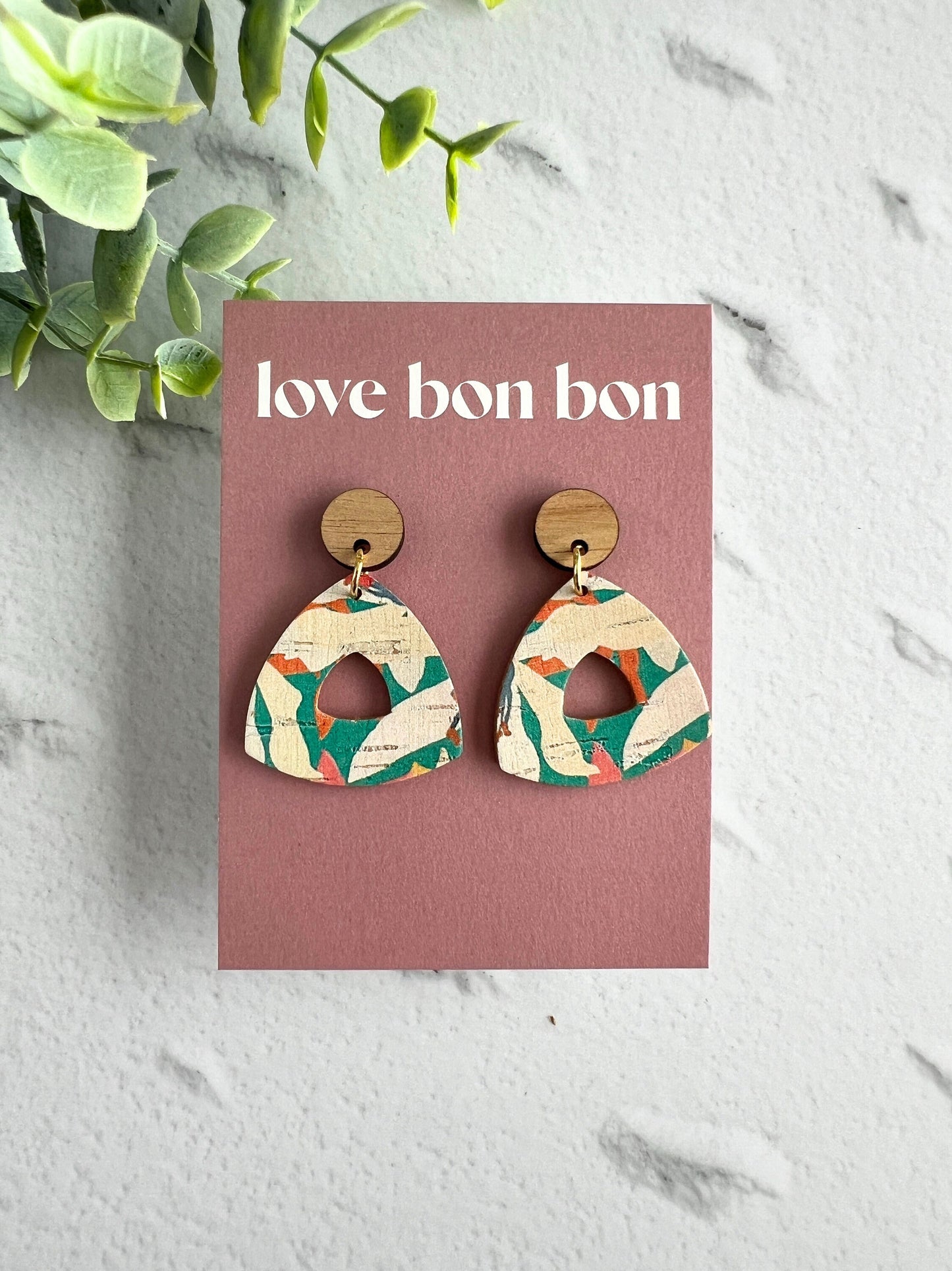 Cork and Leather Handmade Petite Cut-Out Triangle Earring with Wooden topper & stainless steel post, dangle earring, birthday gift