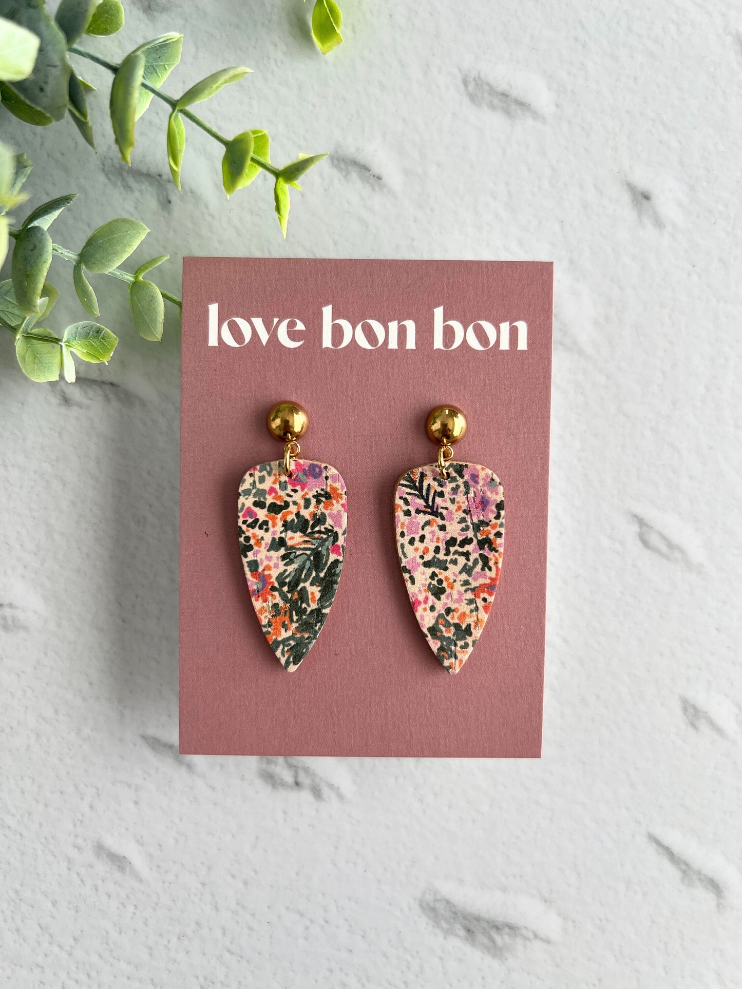 Cork on Genuine Leather Pointed Almond Handmade Earring with Gold Stainless Steel Studs - dangle earring - handmade earring