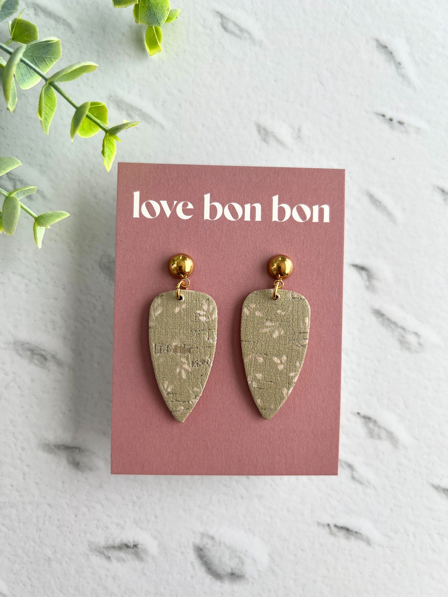 Cork on Genuine Leather Pointed Almond Handmade Earring with Gold Stainless Steel Studs - dangle earring - handmade earring