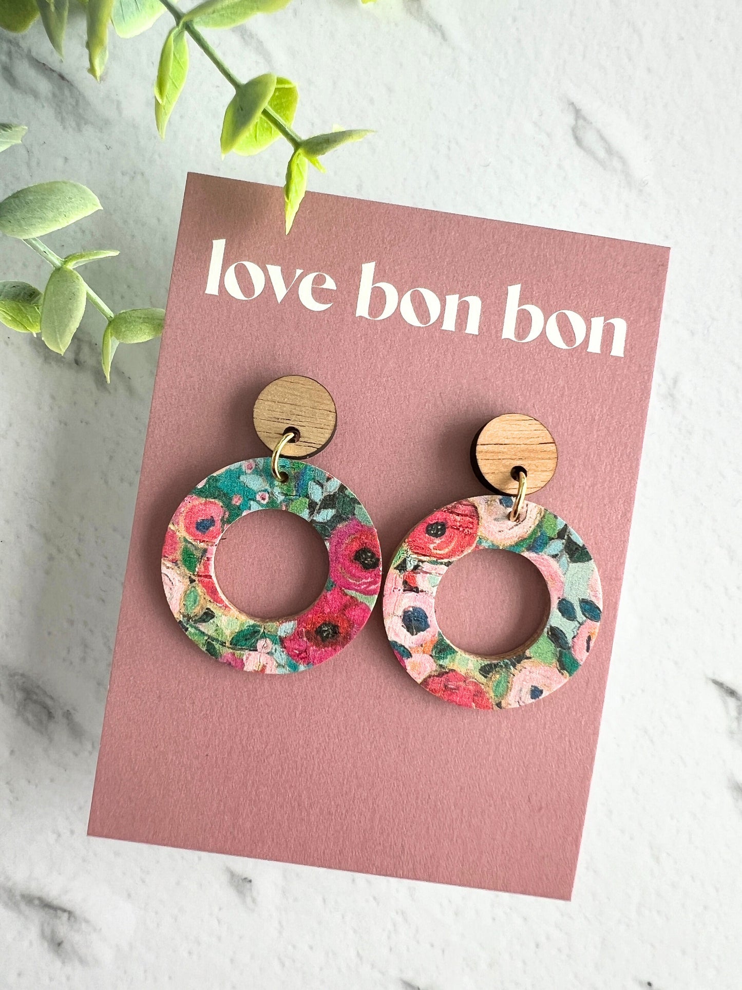 Cork and Leather Handmade Circle Cut Out Earring with Wooden topper, dangle earring, handmade earring, stainless steel post