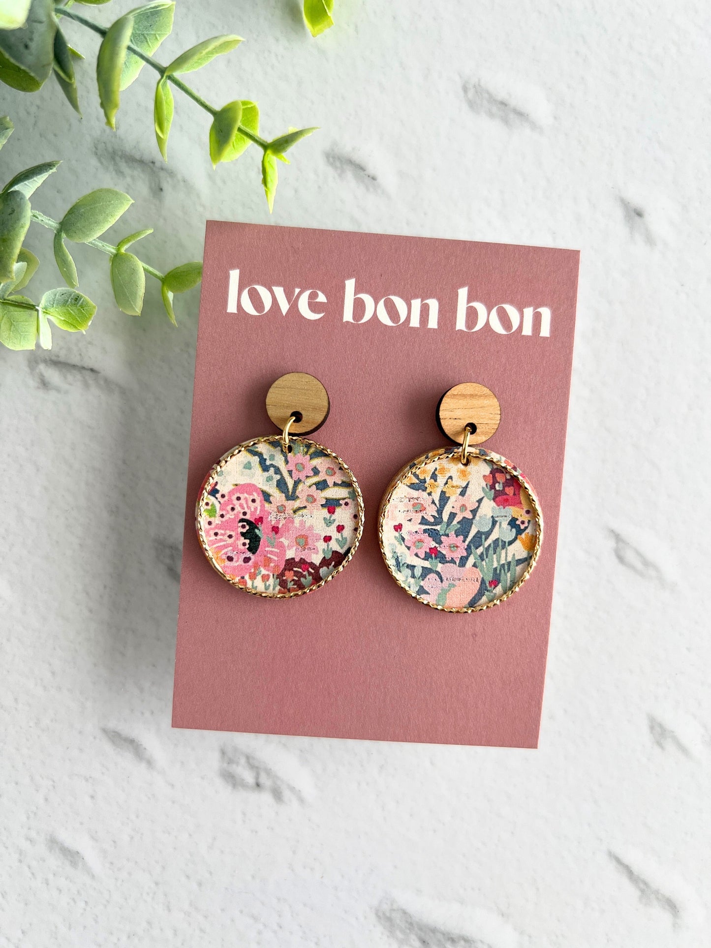 Cork and Leather Handmade Circle Earring with Wooden topper, dangle earring, handmade earring, hypo-allergenic stainless steel post