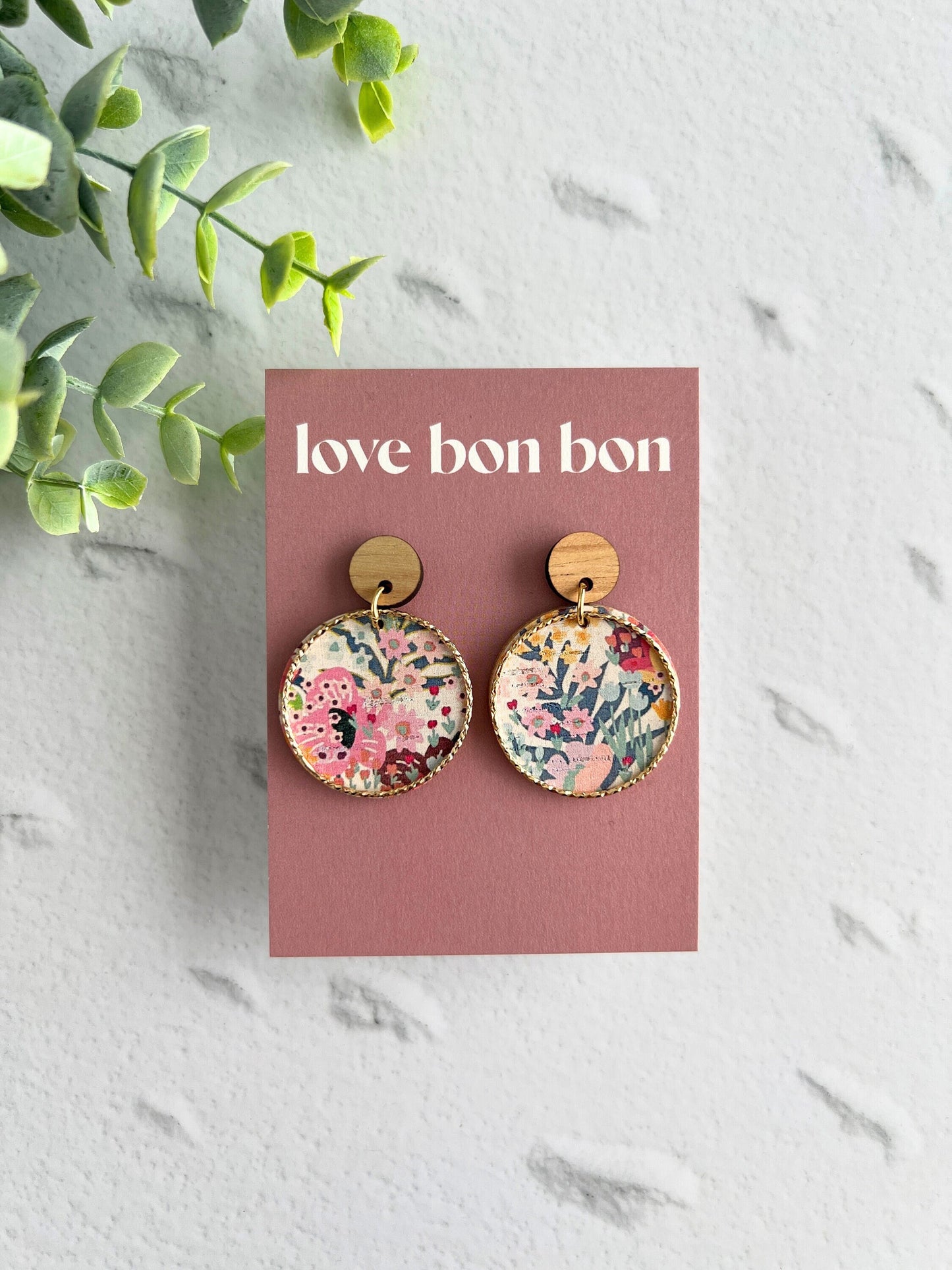 Cork and Leather Handmade Circle Earring with Wooden topper, dangle earring, handmade earring, hypo-allergenic stainless steel post