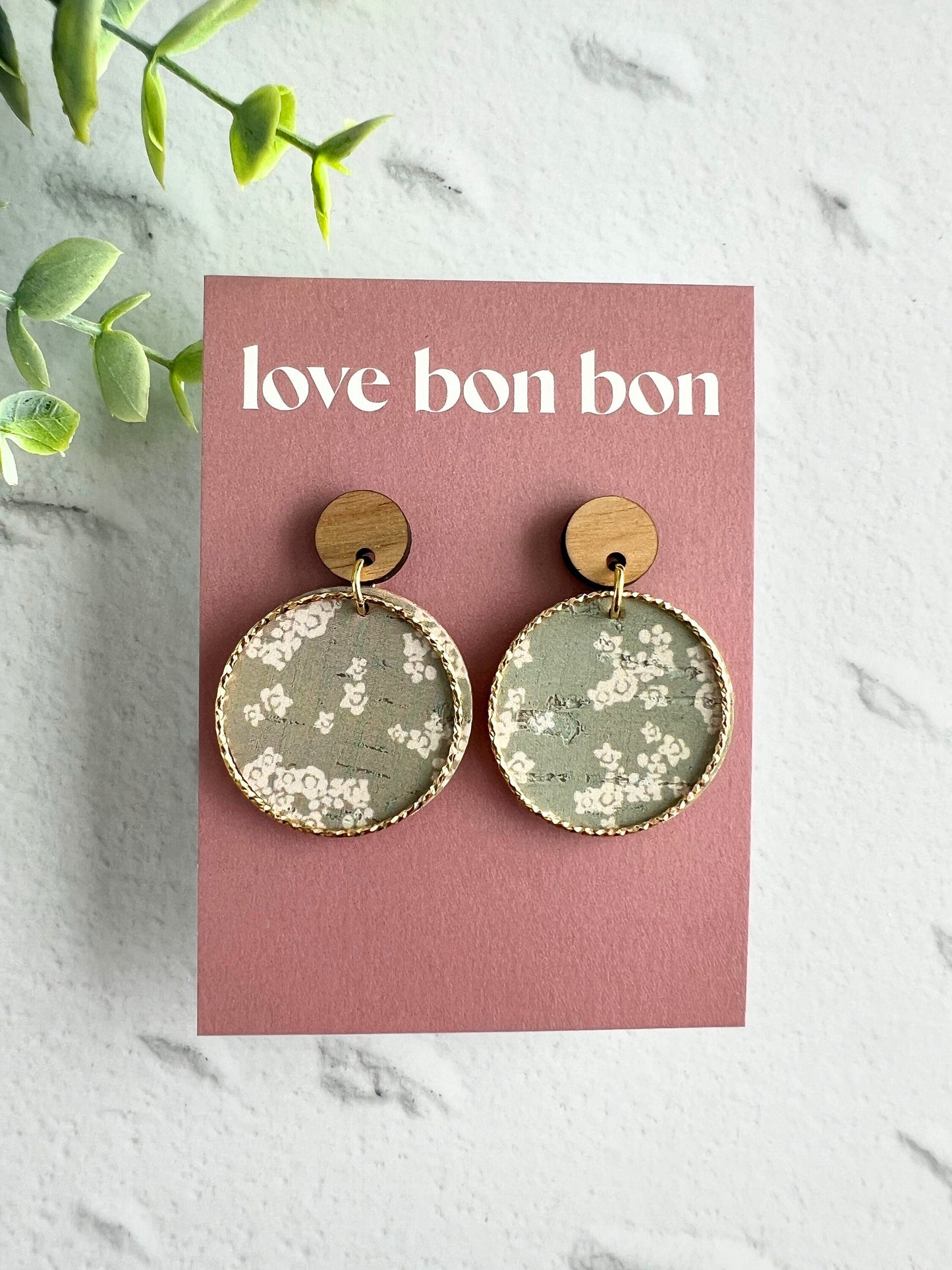 Cork and Leather Handmade Circle Earring with Wooden topper, dangle earring, handmade earring, hypo-allergenic stainless steel post