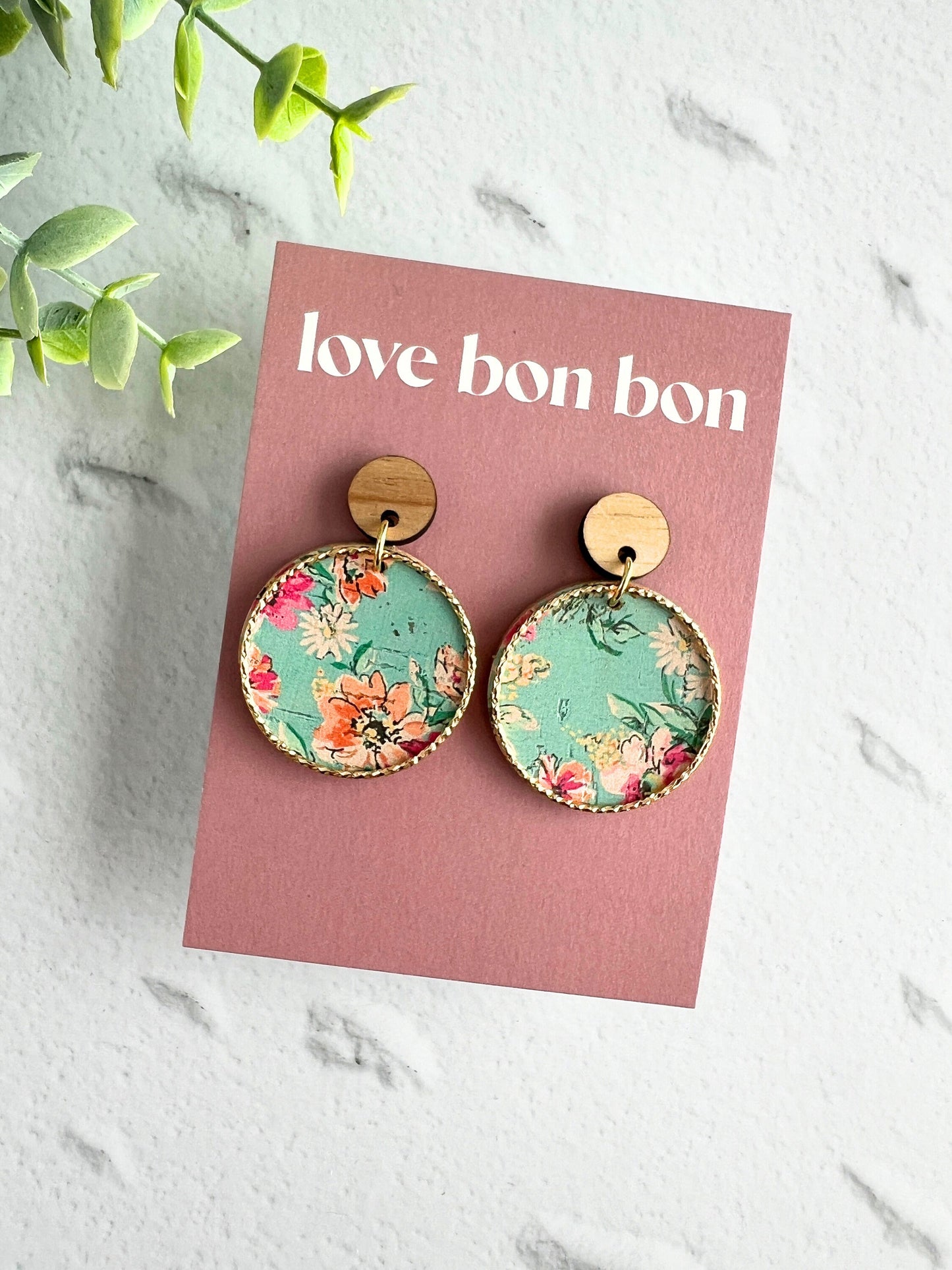 Cork and Leather Handmade Circle Earring with Wooden topper, dangle earring, handmade earring, hypo-allergenic stainless steel post