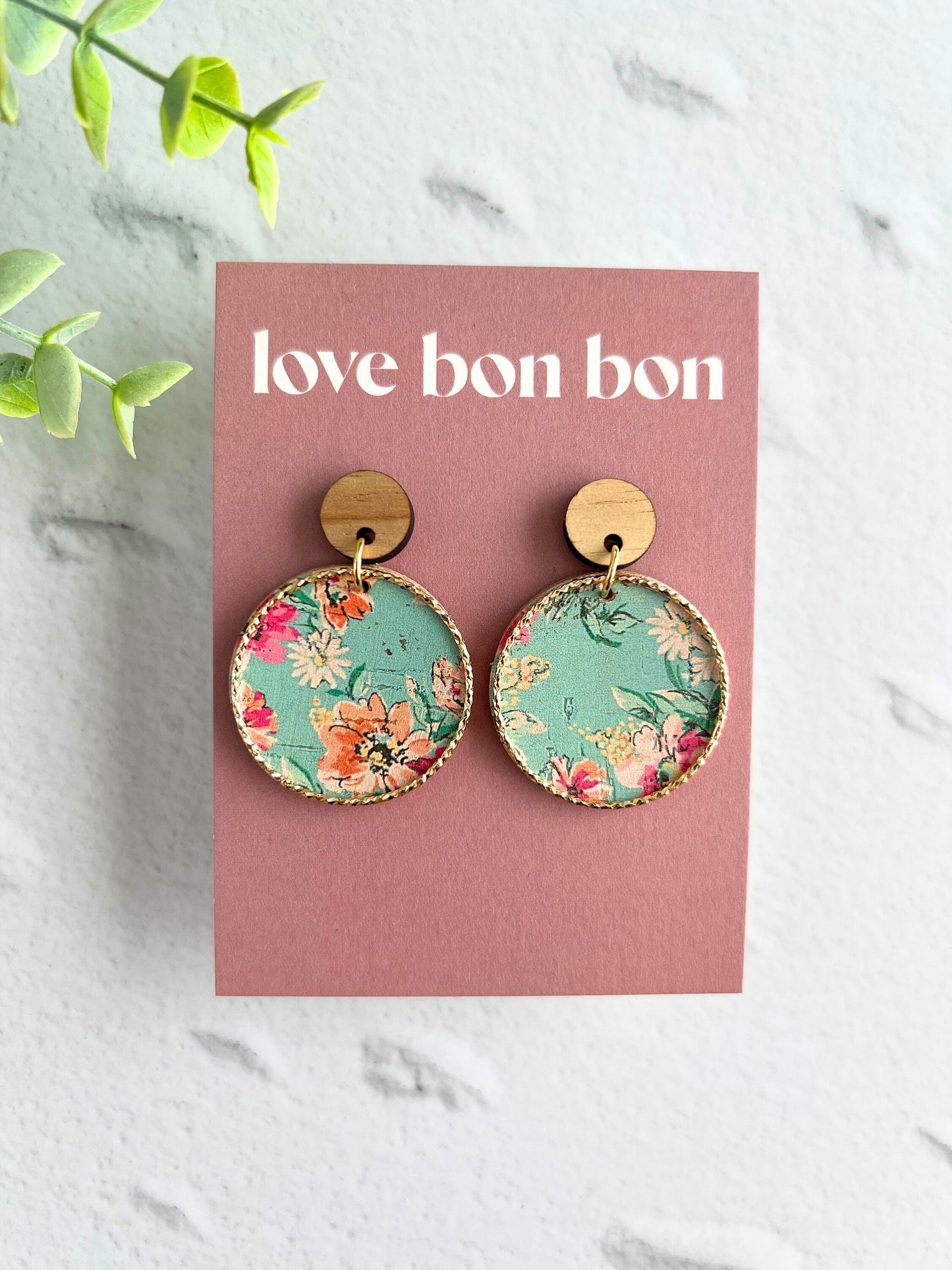 Cork and Leather Handmade Circle Earring with Wooden topper, dangle earring, handmade earring, hypo-allergenic stainless steel post