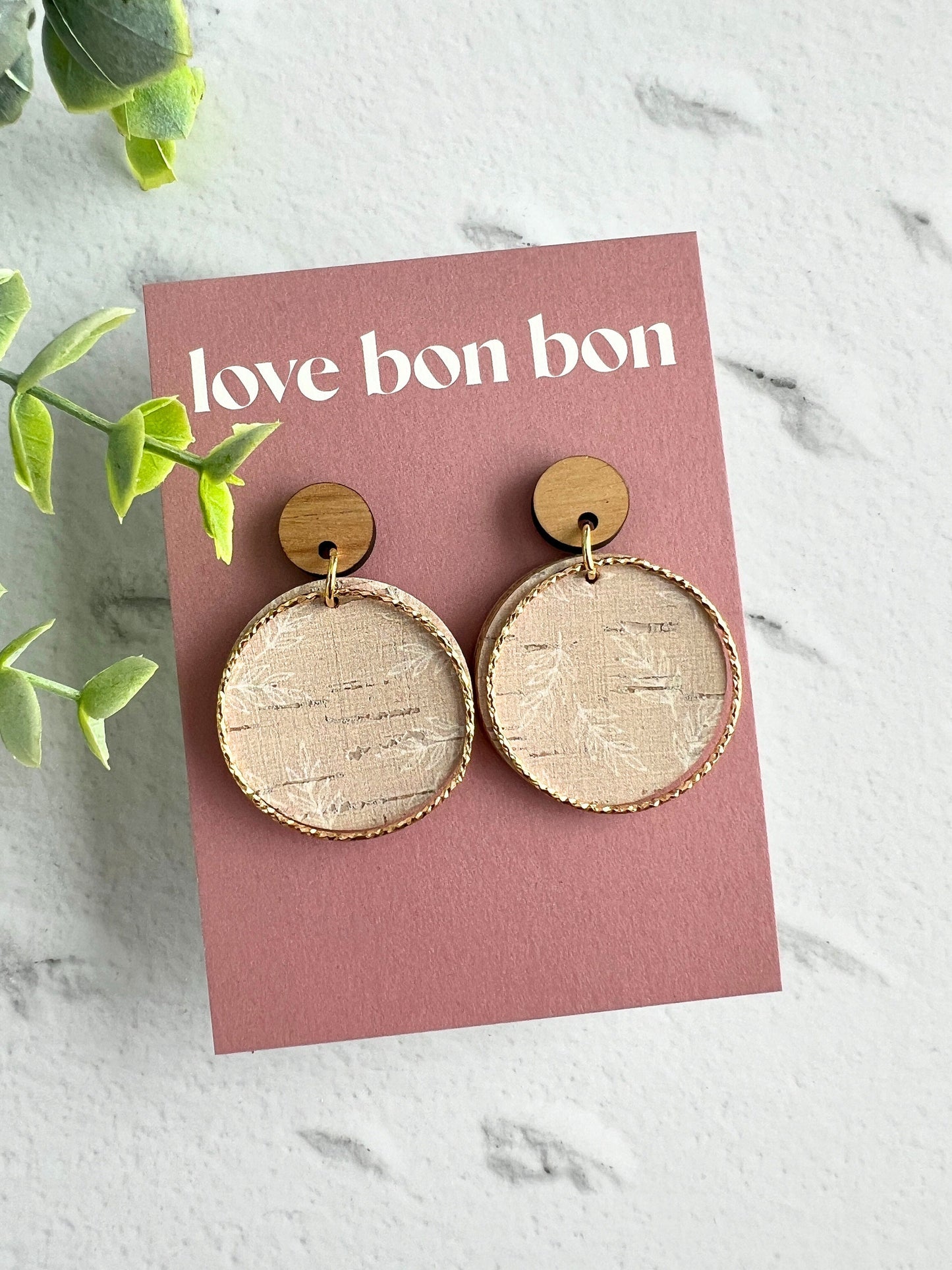 Cork and Leather Handmade Circle Earring with Wooden topper, dangle earring, handmade earring, hypo-allergenic stainless steel post