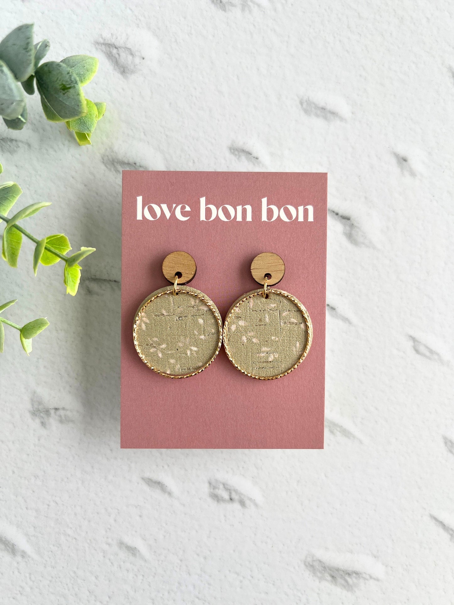 Cork and Leather Handmade Circle Earring with Wooden topper, dangle earring, handmade earring, hypo-allergenic stainless steel post