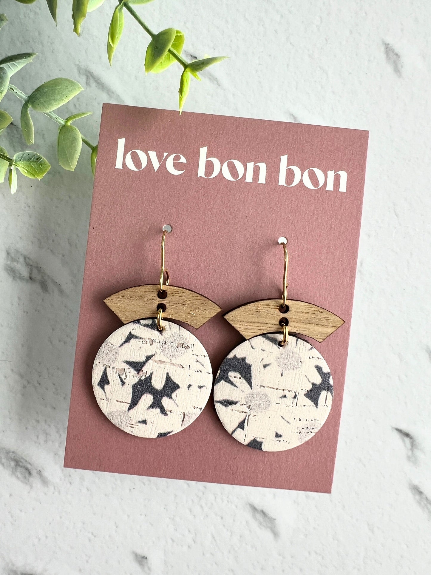 Cork and Leather Handmade Circle Earring with Wooden bar, dangle earring, handmade earring, hypo-allergenic stainless steel ear hook