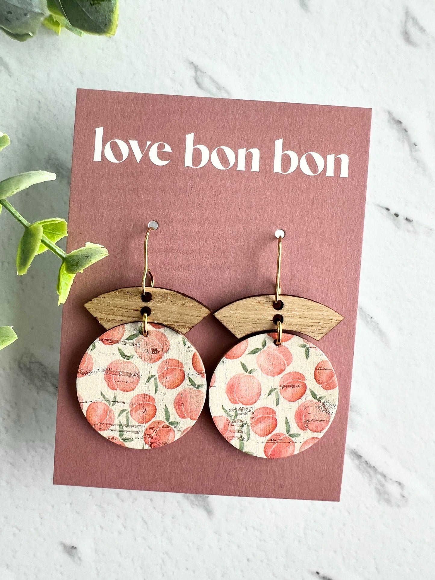 Cork and Leather Handmade Circle Earring with Wooden bar, dangle earring, handmade earring, hypo-allergenic stainless steel ear hook
