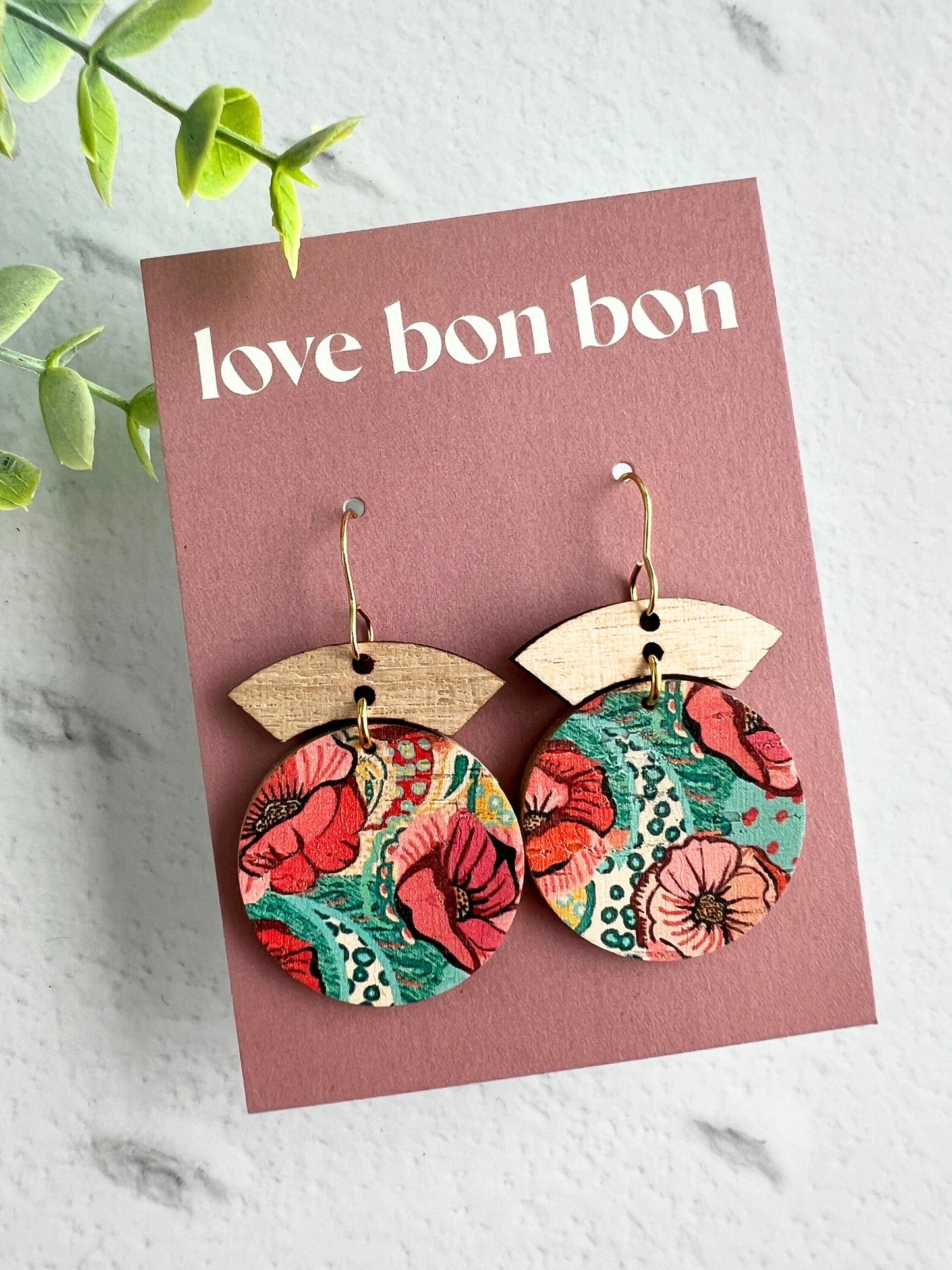Cork and Leather Handmade Circle Earring with Wooden bar, dangle earring, handmade earring, hypo-allergenic stainless steel ear hook