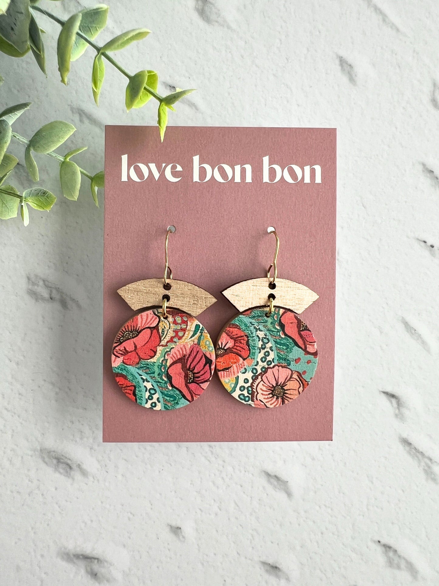 Cork and Leather Handmade Circle Earring with Wooden bar, dangle earring, handmade earring, hypo-allergenic stainless steel ear hook