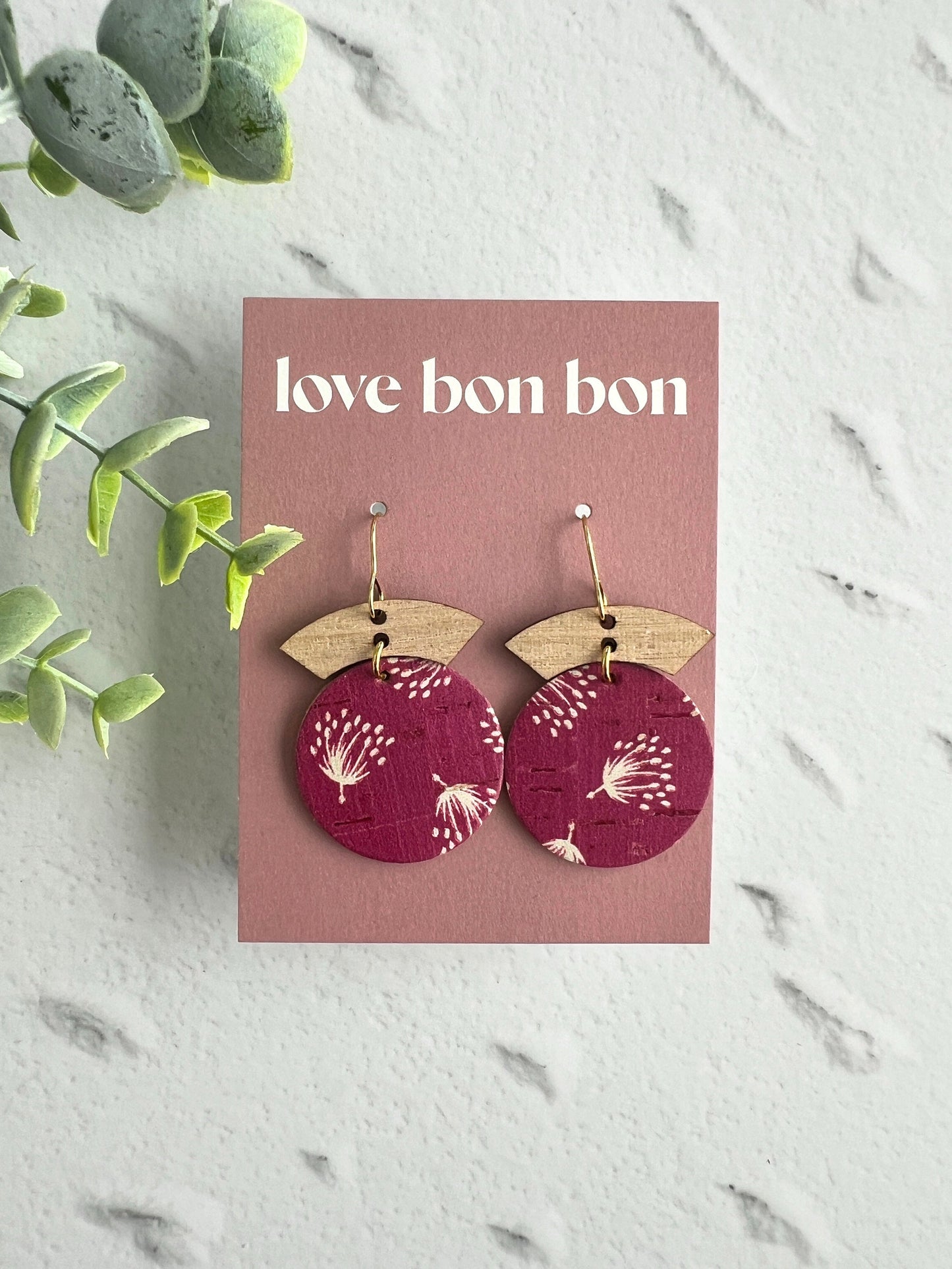 Cork and Leather Handmade Circle Earring with Wooden bar, dangle earring, handmade earring, hypo-allergenic stainless steel ear hook