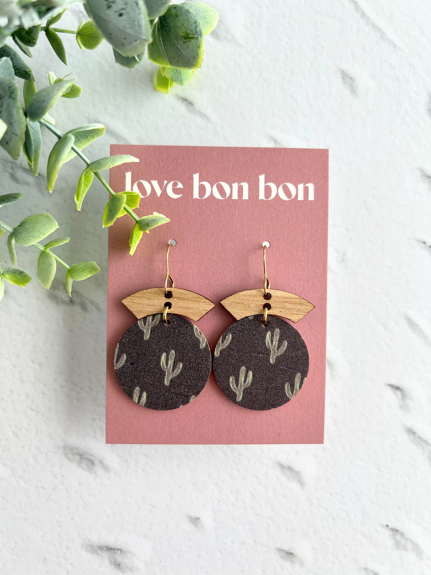 Cork and Leather Handmade Circle Earring with Wooden bar, dangle earring, handmade earring, hypo-allergenic stainless steel ear hook
