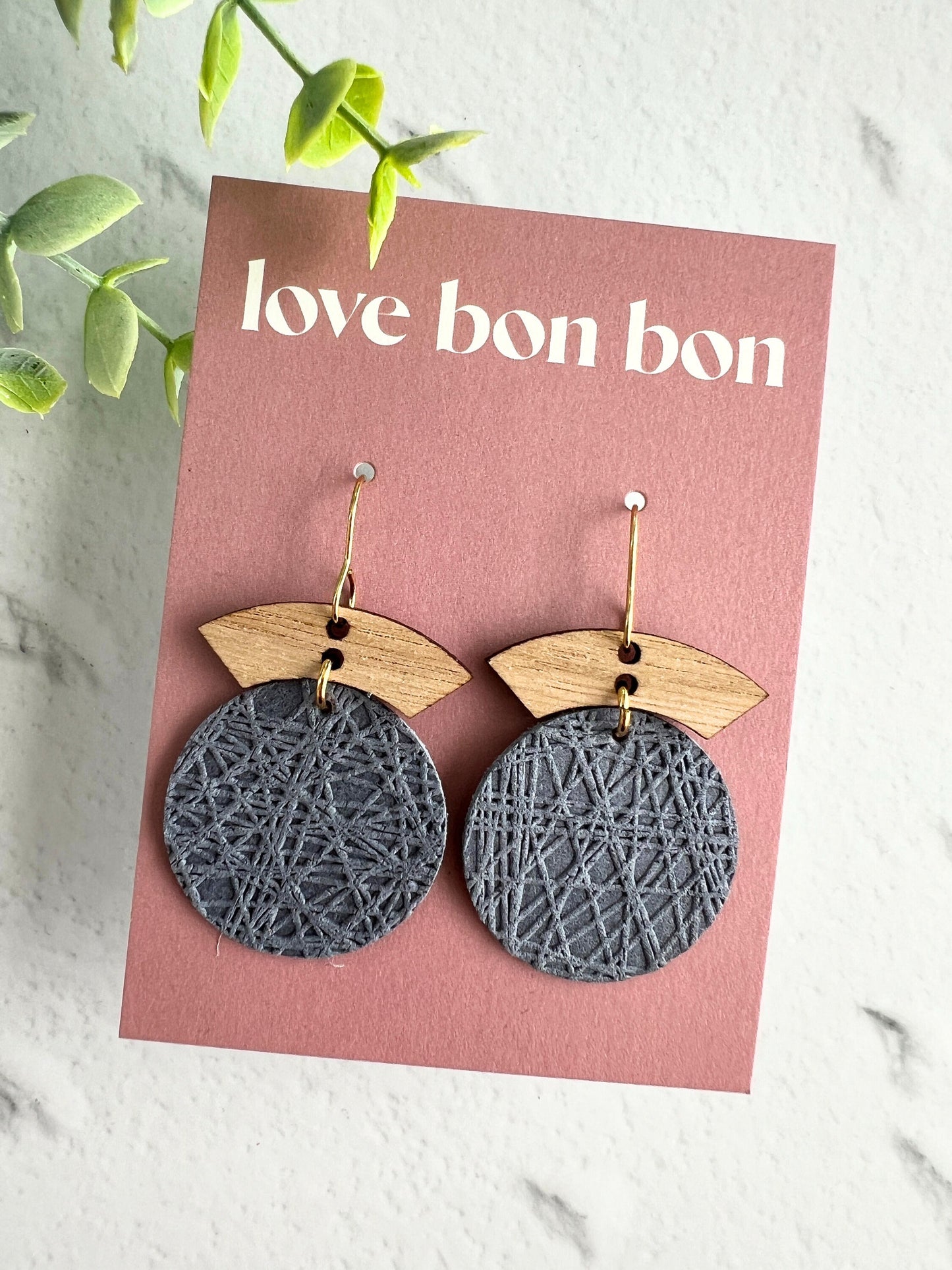 Embossed Leather Handmade Circle Earring with Wooden bar, dangle earring, handmade earring, hypo-allergenic stainless steel ear hook