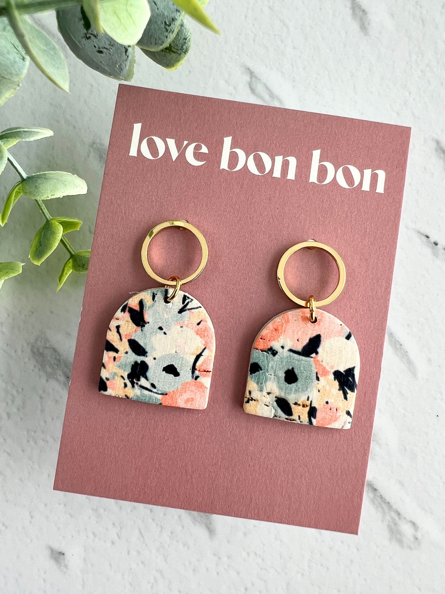 Genuine Cork on Leather Handmade Petite Earring with open Gold Stainless Steel circle topper - dangle earring - handmade earring - petite