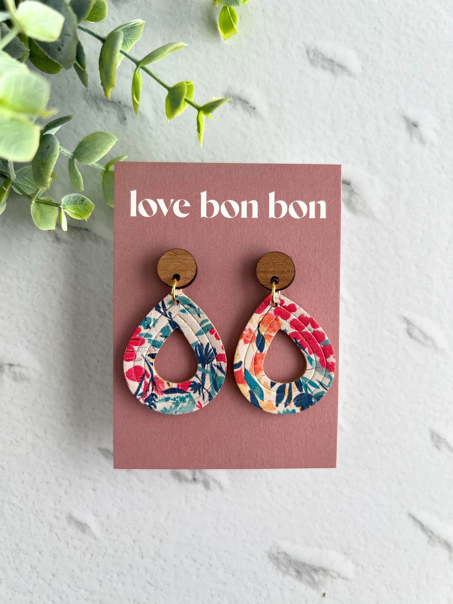 Cork and Leather Embossed Teardrop Handmade Earring with Wooden topper, dangle earring, gift for her, birthday gift, floral earring