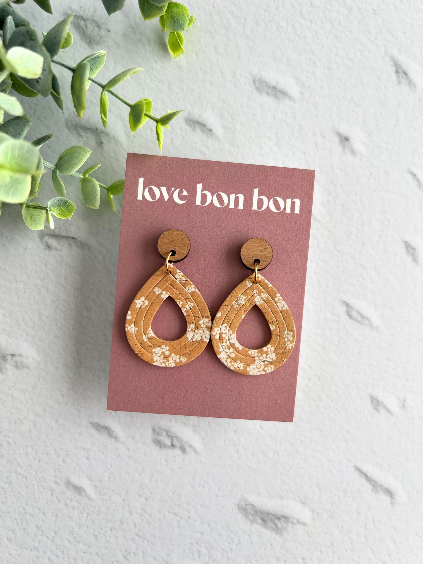 Cork and Leather Embossed Teardrop Handmade Earring with Wooden topper, dangle earring, gift for her, birthday gift, floral earring