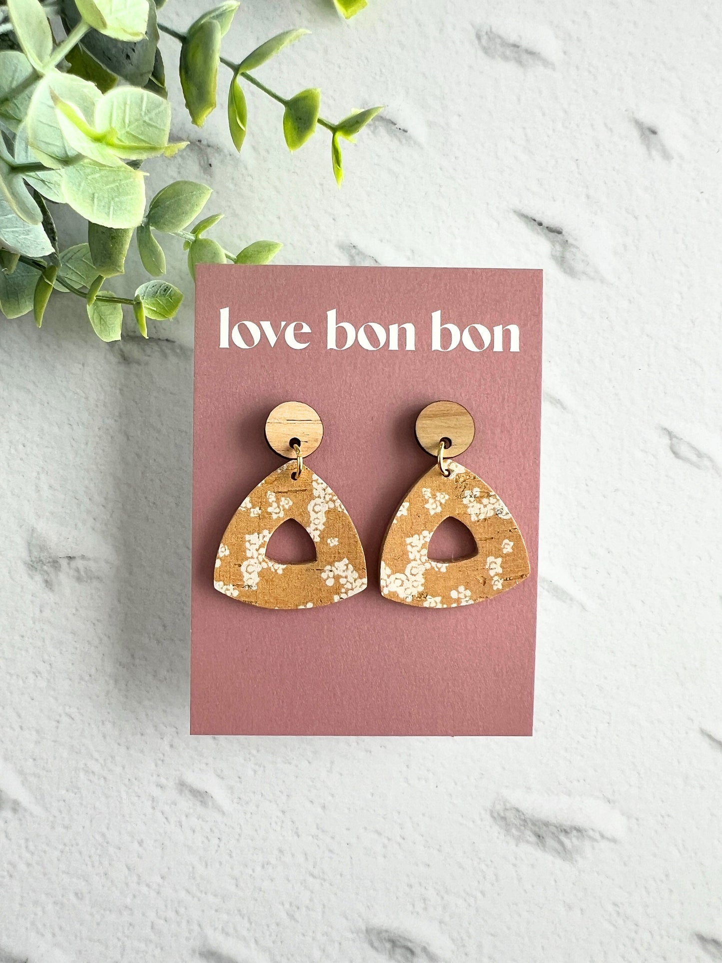 Cork and Leather Handmade Petite Cut-Out Triangle Earring with Wooden topper & stainless steel post, dangle earring, birthday gift