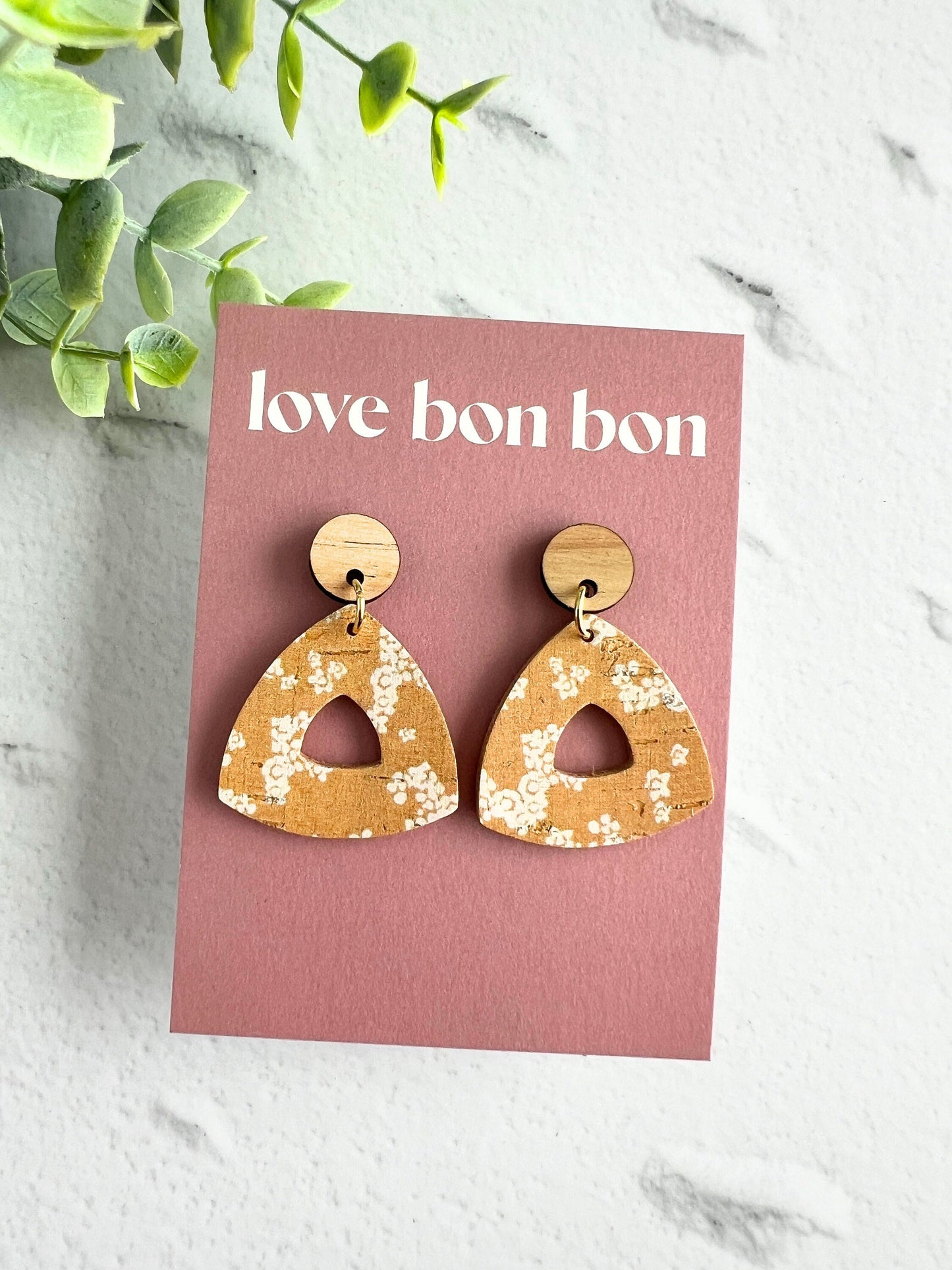 Cork and Leather Handmade Petite Cut-Out Triangle Earring with Wooden topper & stainless steel post, dangle earring, birthday gift