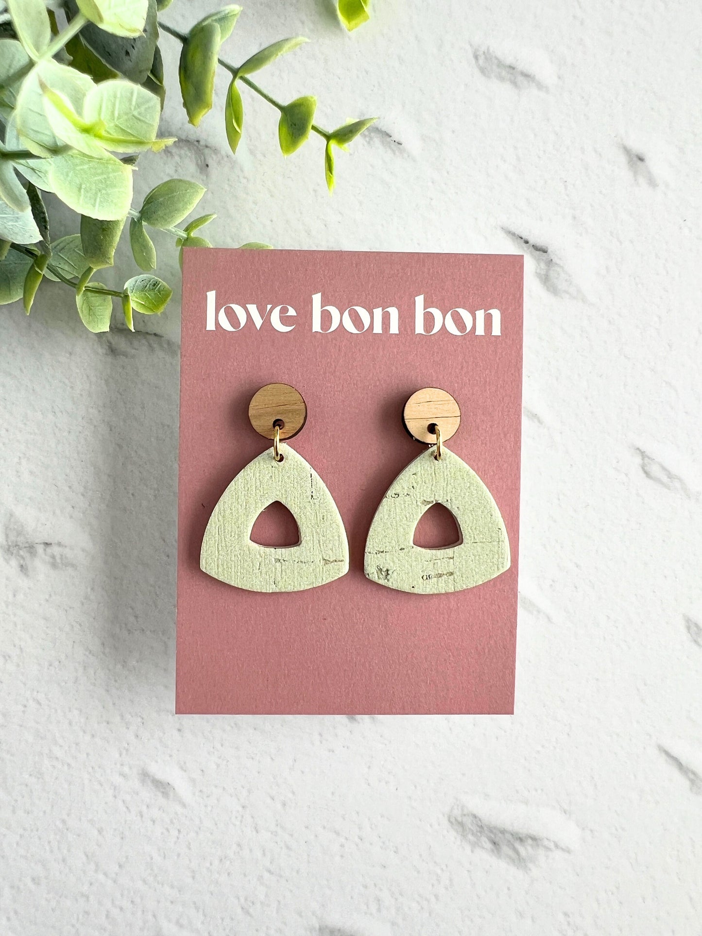 Cork and Leather Handmade Petite Cut-Out Triangle Earring with Wooden topper & stainless steel post, dangle earring, birthday gift