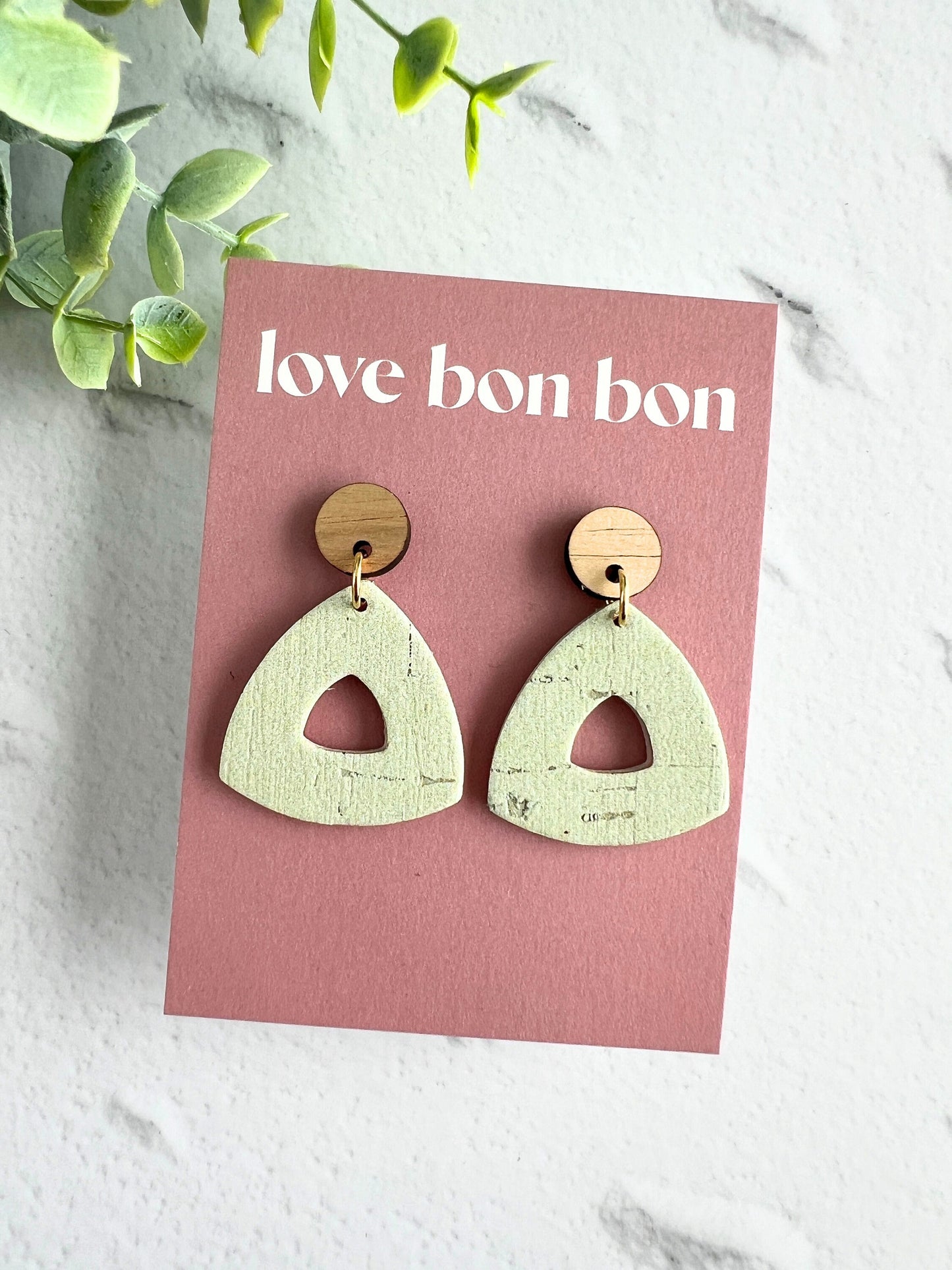 Cork and Leather Handmade Petite Cut-Out Triangle Earring with Wooden topper & stainless steel post, dangle earring, birthday gift