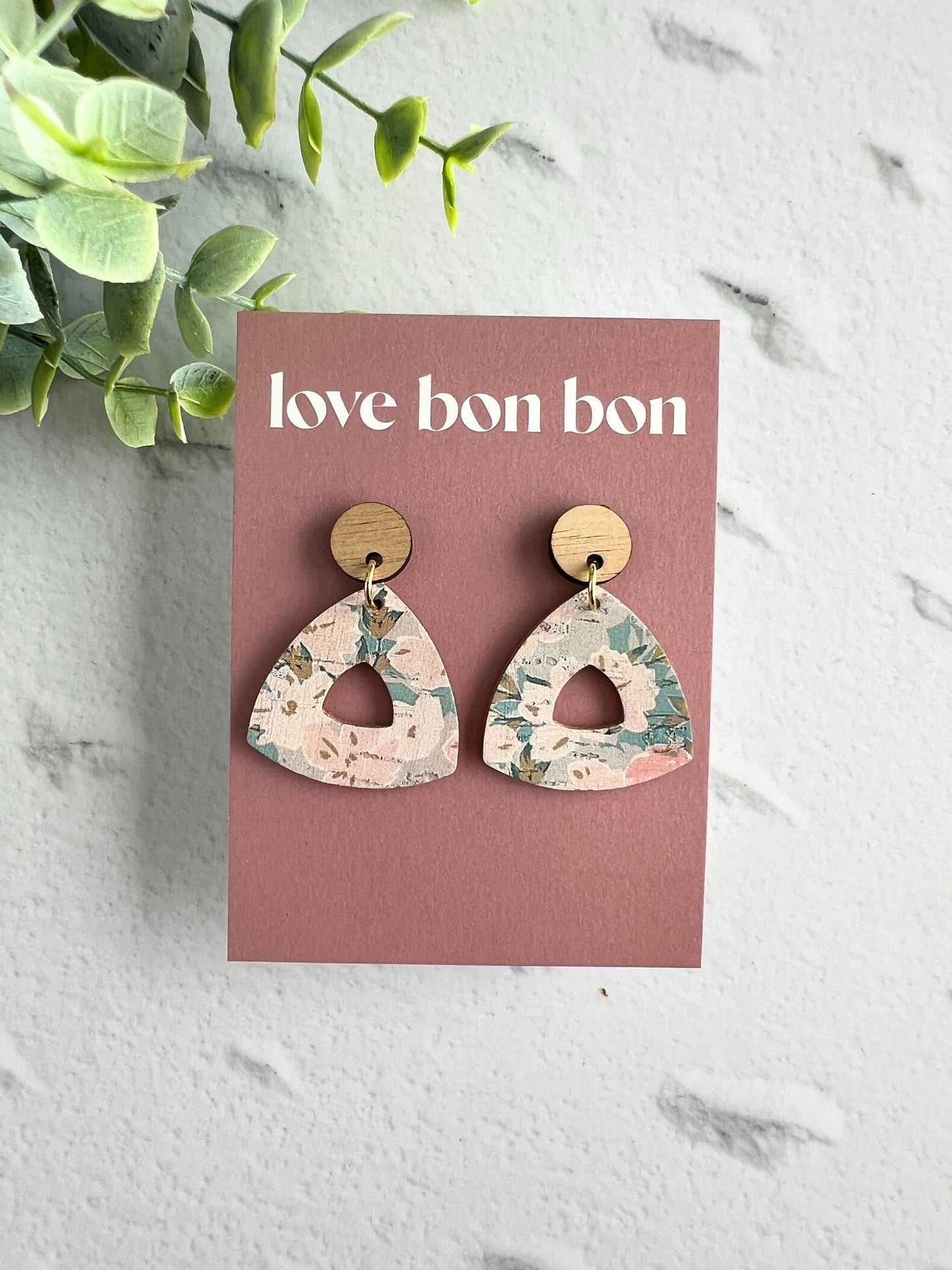 Cork and Leather Handmade Petite Cut-Out Triangle Earring with Wooden topper & stainless steel post, dangle earring, birthday gift