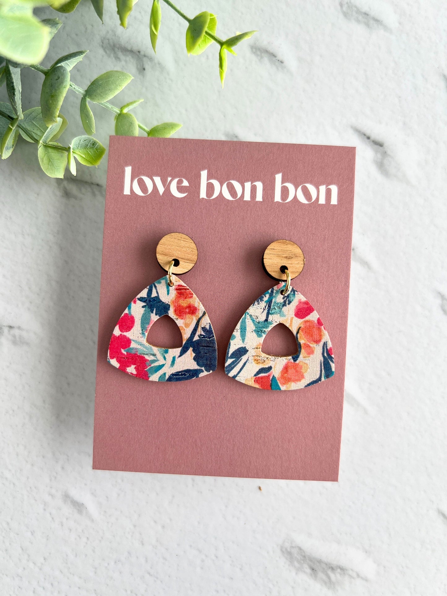 Cork and Leather Handmade Petite Cut-Out Triangle Earring with Wooden topper & stainless steel post, dangle earring, birthday gift