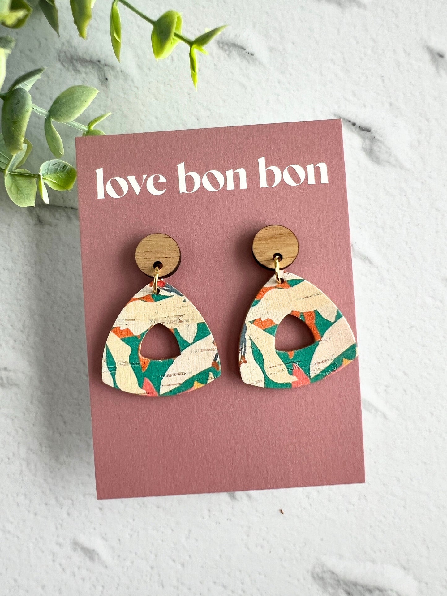 Cork and Leather Handmade Petite Cut-Out Triangle Earring with Wooden topper & stainless steel post, dangle earring, birthday gift