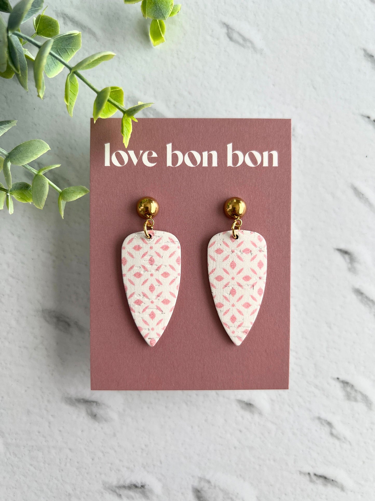 Cork on Genuine Leather Pointed Almond Handmade Earring with Gold Stainless Steel Studs - dangle earring - handmade earring