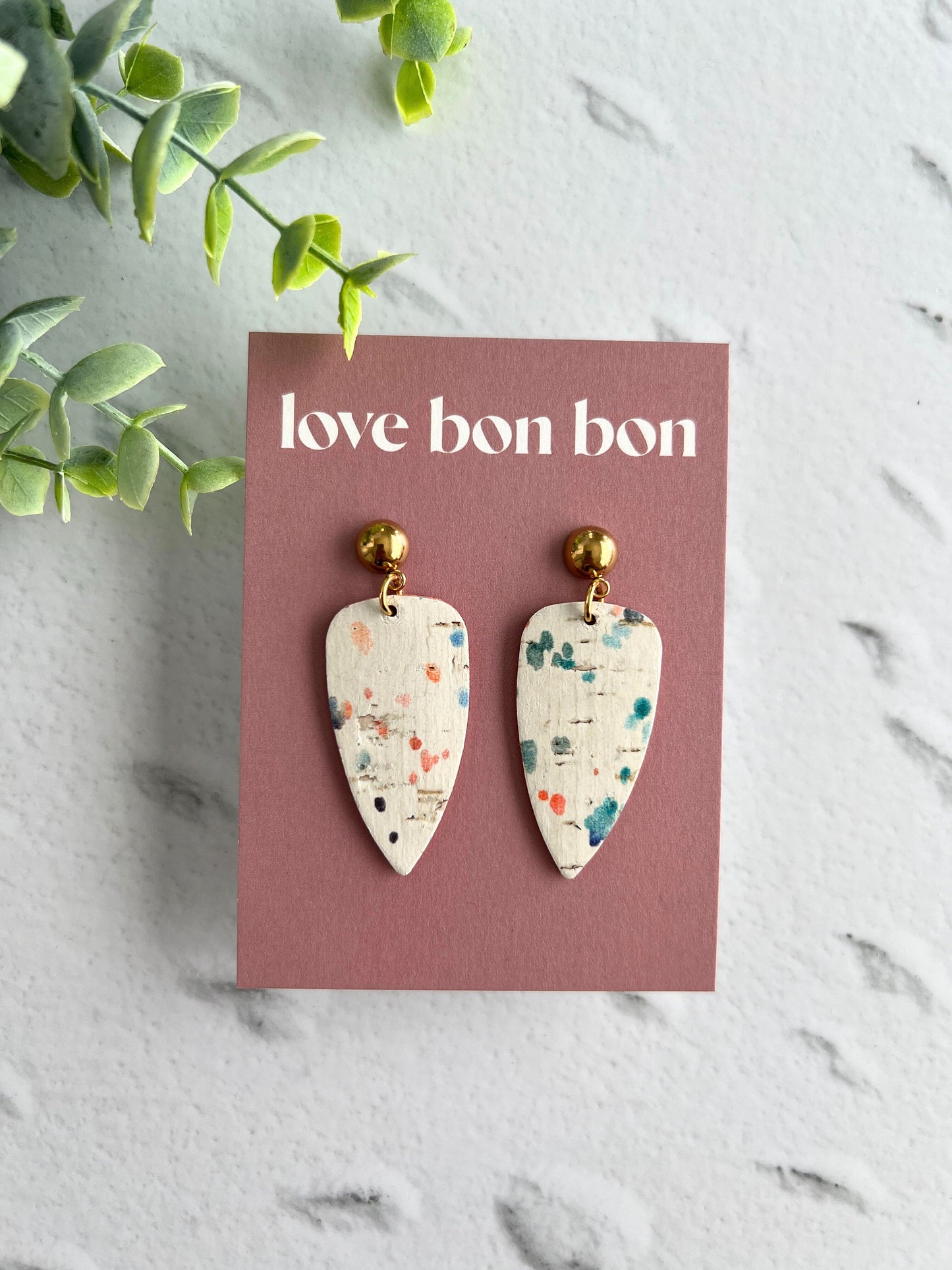 Cork on Genuine Leather Pointed Almond Handmade Earring with Gold Stainless Steel Studs - dangle earring - handmade earring