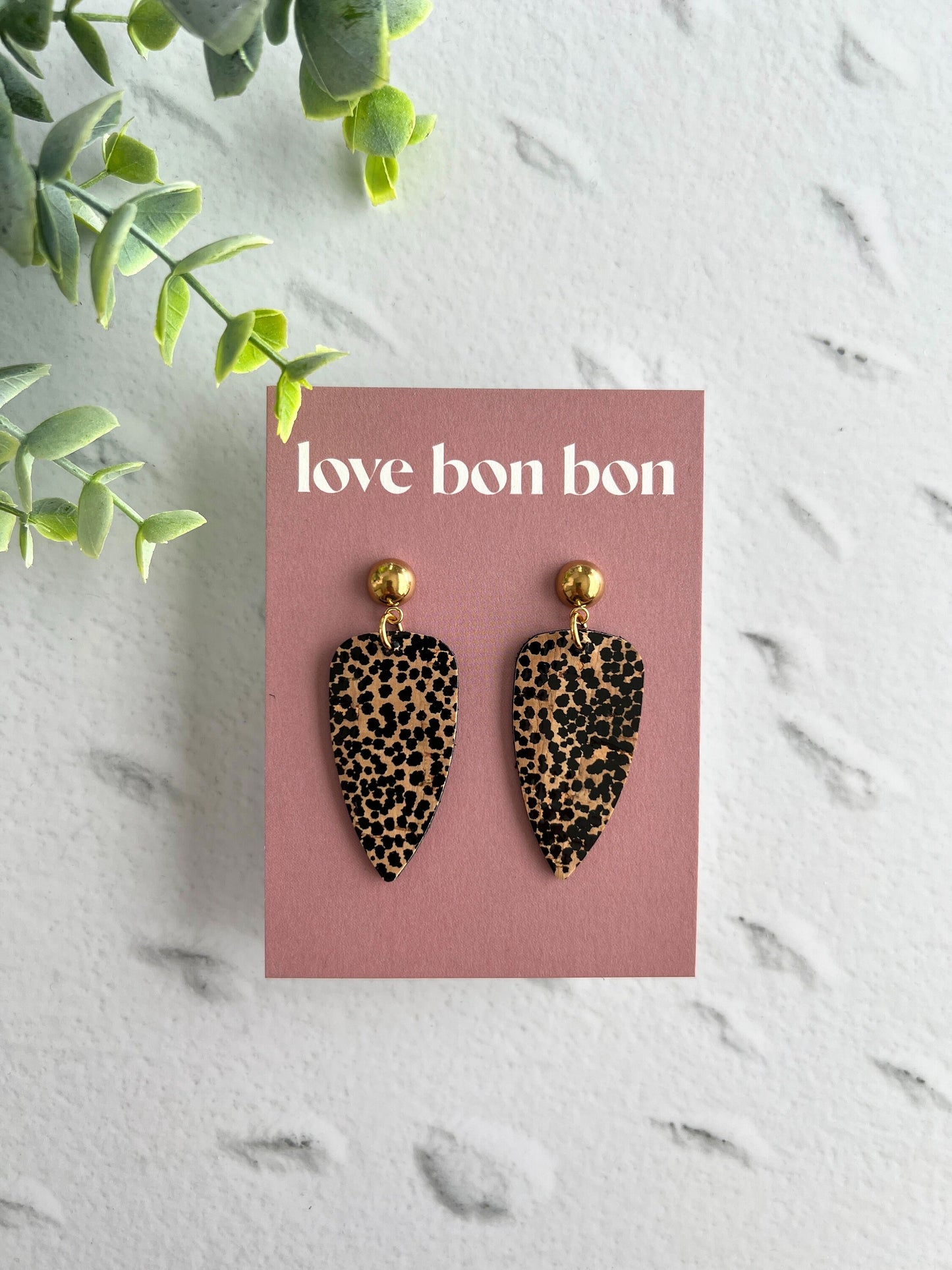 Cork on Genuine Leather Pointed Almond Handmade Earring with Gold Stainless Steel Studs - dangle earring - handmade earring