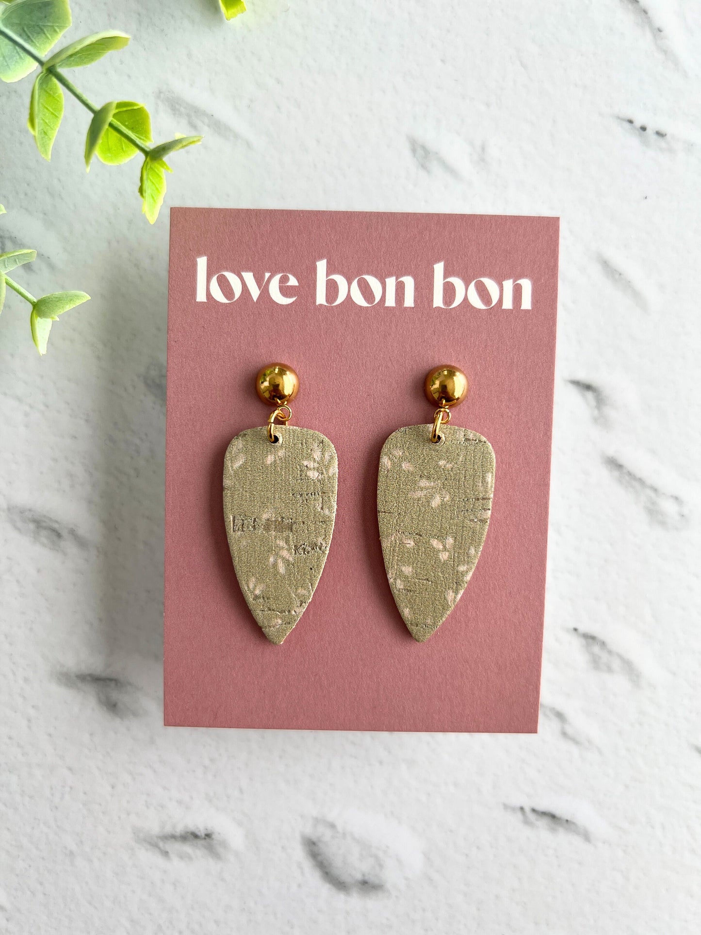 Cork on Genuine Leather Pointed Almond Handmade Earring with Gold Stainless Steel Studs - dangle earring - handmade earring