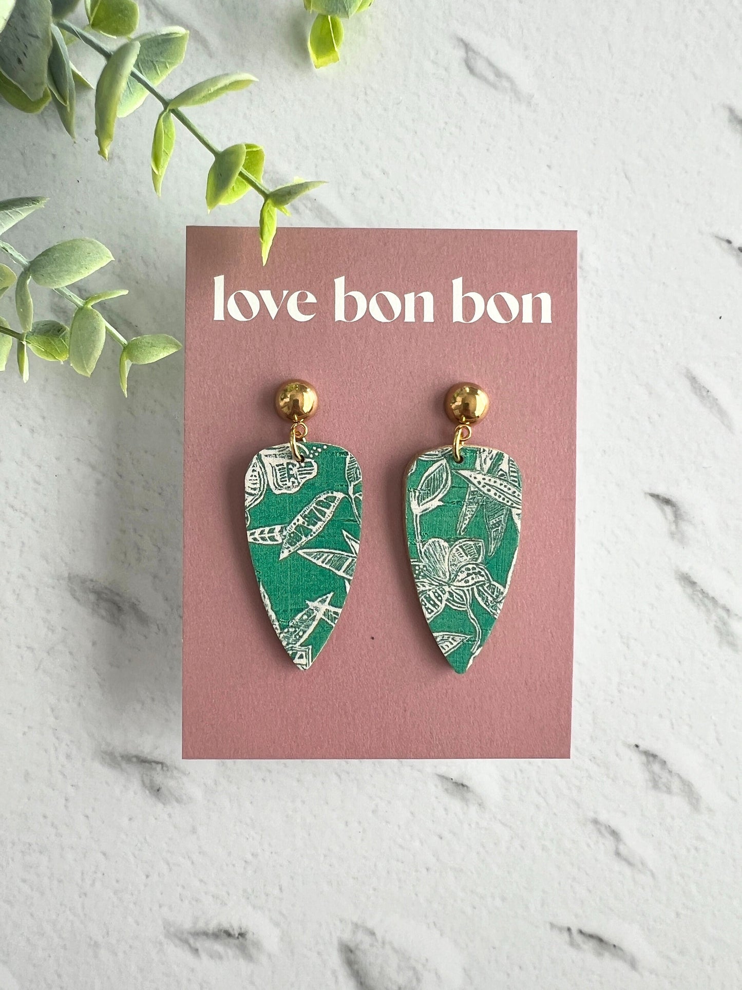 Cork on Genuine Leather Pointed Almond Handmade Earring with Gold Stainless Steel Studs - dangle earring - handmade earring