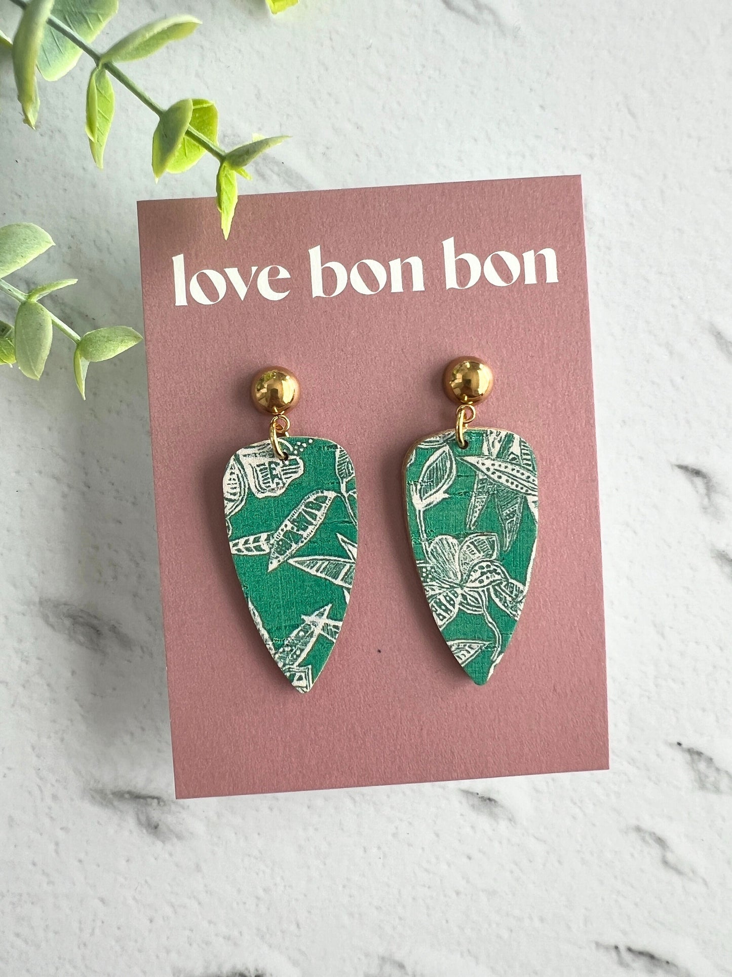 Cork on Genuine Leather Pointed Almond Handmade Earring with Gold Stainless Steel Studs - dangle earring - handmade earring