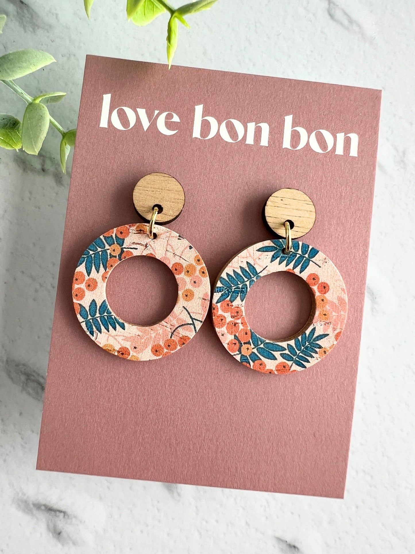 Cork and Leather Handmade Circle Cut Out Earring with Wooden topper, dangle earring, handmade earring, stainless steel post