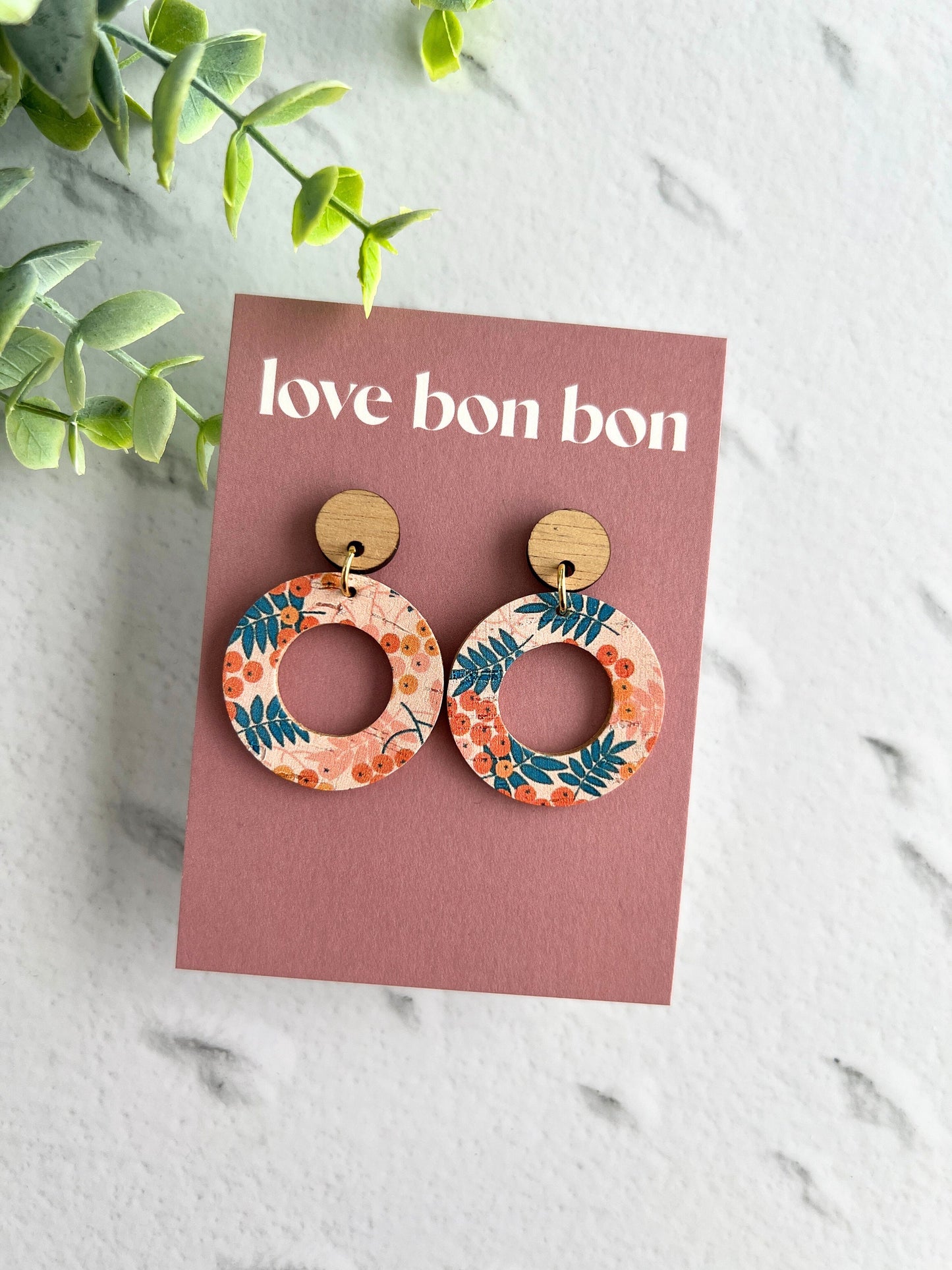 Cork and Leather Handmade Circle Cut Out Earring with Wooden topper, dangle earring, handmade earring, stainless steel post