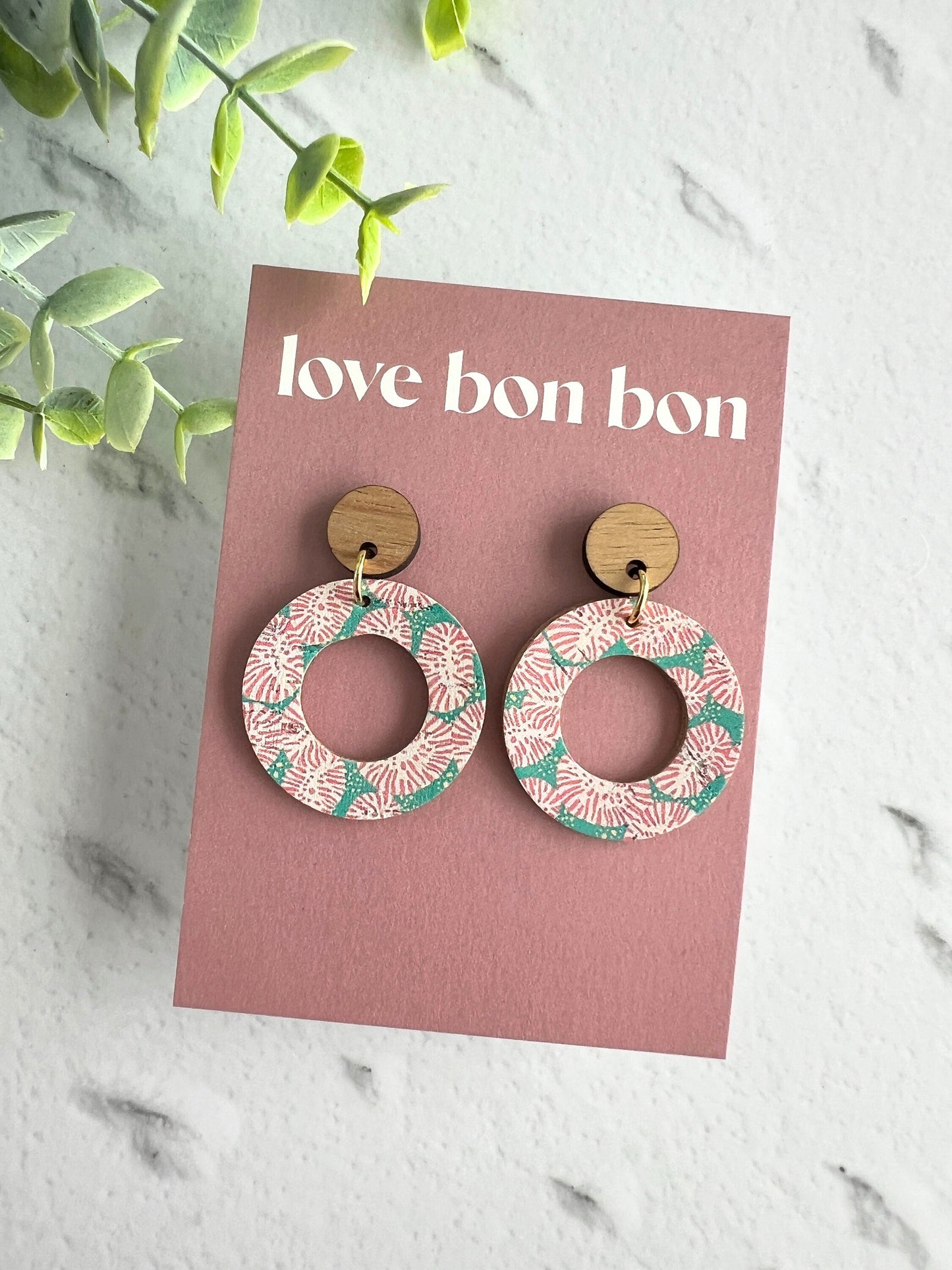 Cork and Leather Handmade Circle Cut Out Earring with Wooden topper, dangle earring, handmade earring, stainless steel post