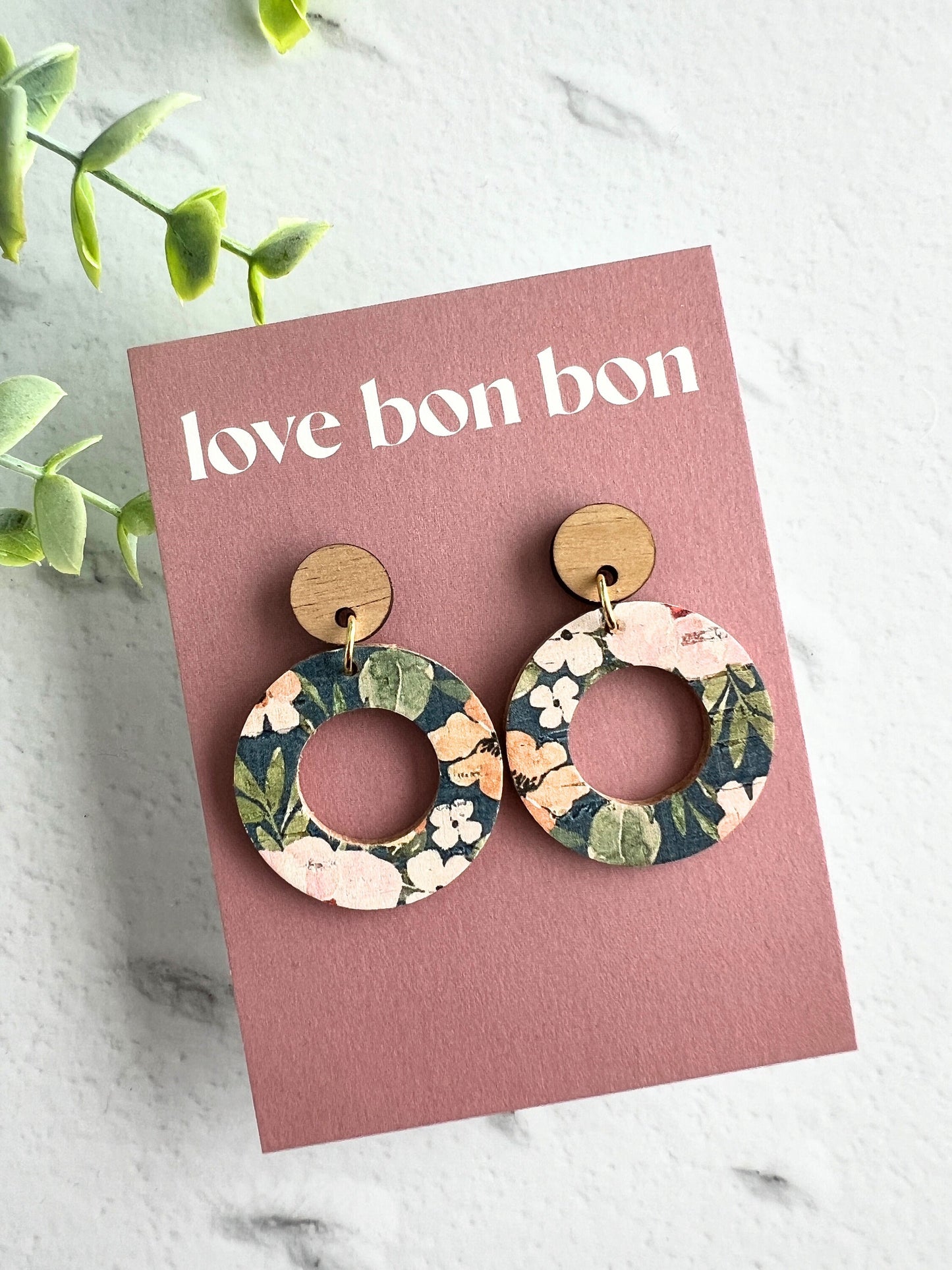Cork and Leather Handmade Circle Cut Out Earring with Wooden topper, dangle earring, handmade earring, stainless steel post