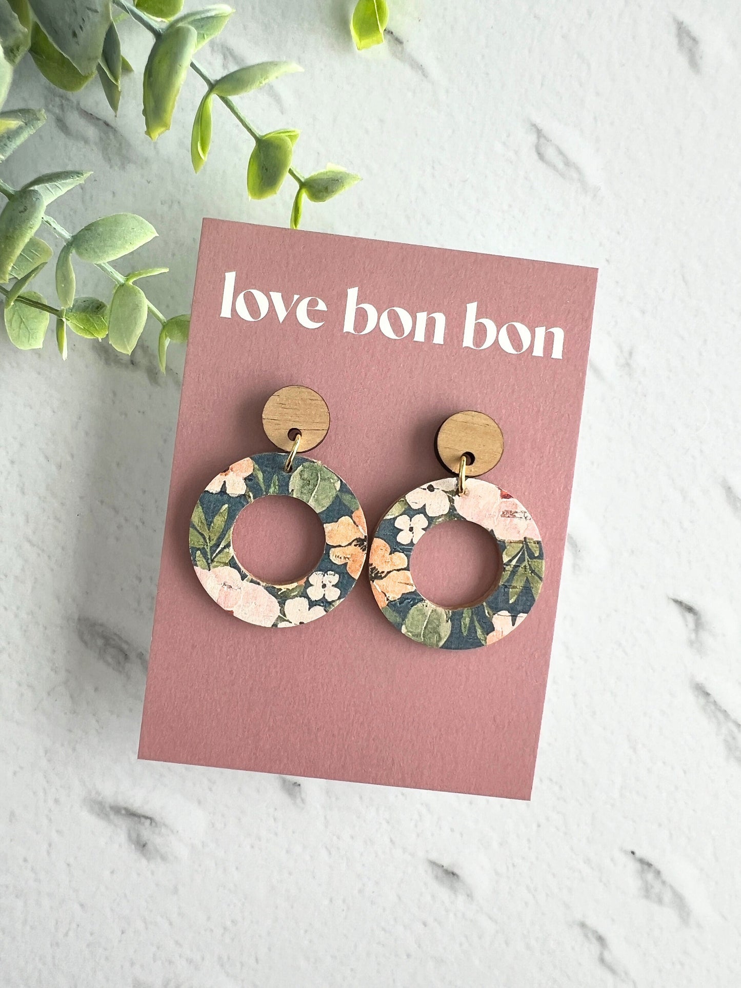 Cork and Leather Handmade Circle Cut Out Earring with Wooden topper, dangle earring, handmade earring, stainless steel post