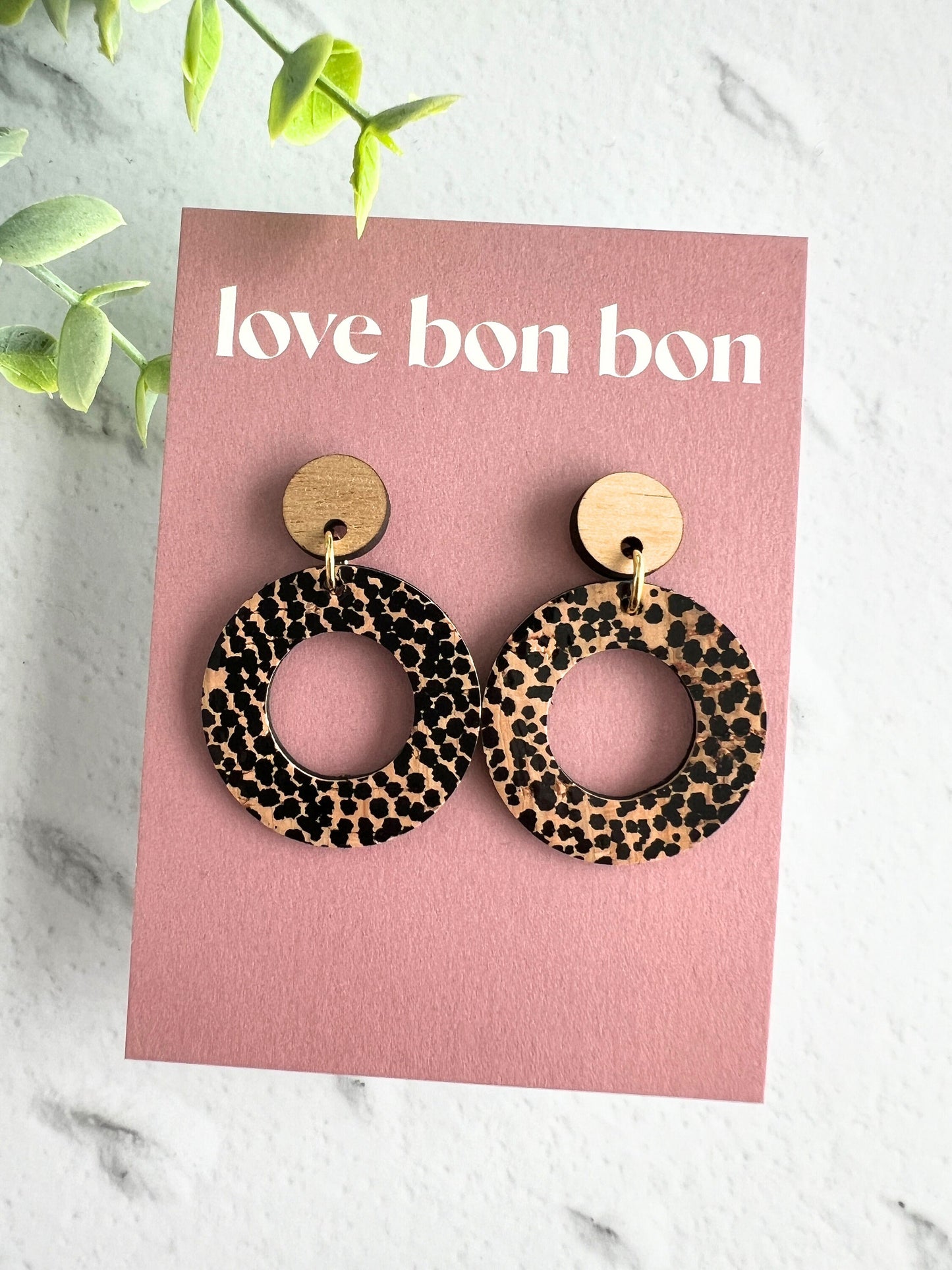 Cork and Leather Handmade Circle Cut Out Earring with Wooden topper, dangle earring, handmade earring, stainless steel post