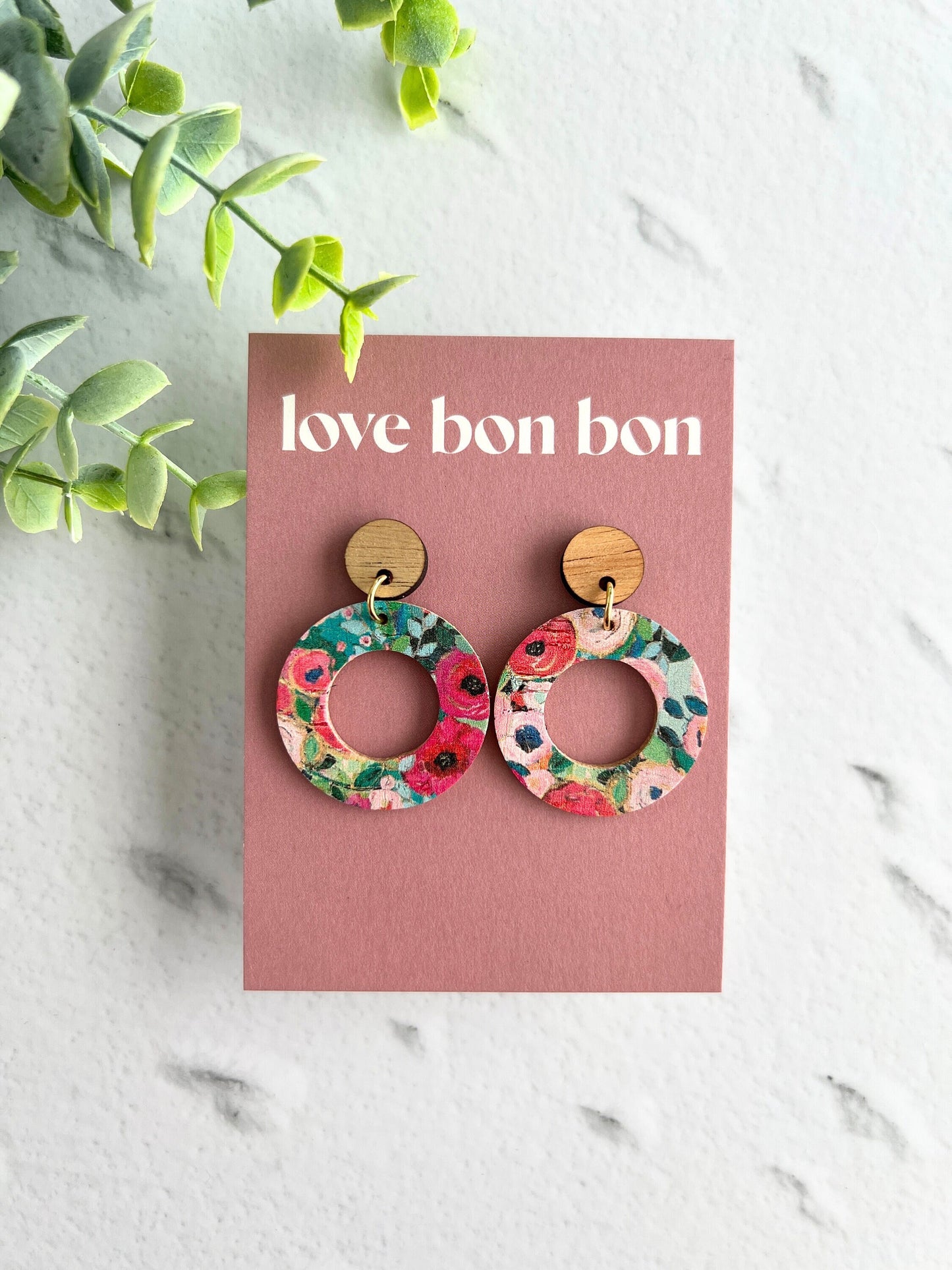 Cork and Leather Handmade Circle Cut Out Earring with Wooden topper, dangle earring, handmade earring, stainless steel post
