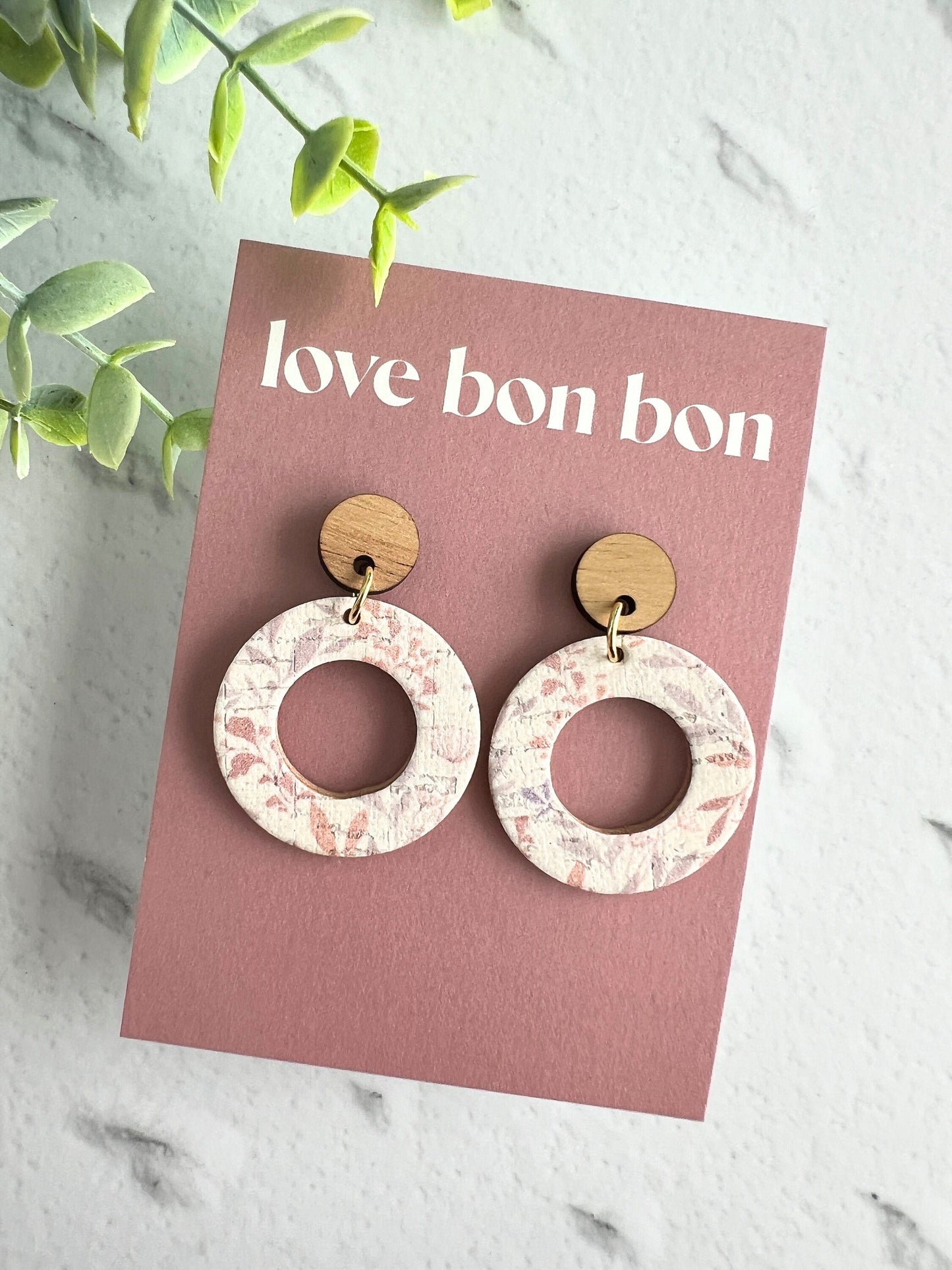 Cork and Leather Handmade Circle Cut Out Earring with Wooden topper, dangle earring, handmade earring, stainless steel post