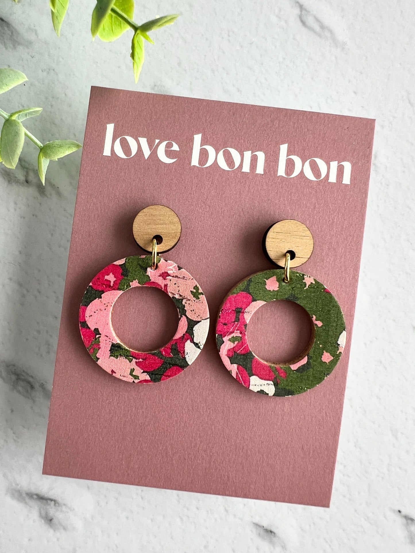 Cork and Leather Handmade Circle Cut Out Earring with Wooden topper, dangle earring, handmade earring, stainless steel post