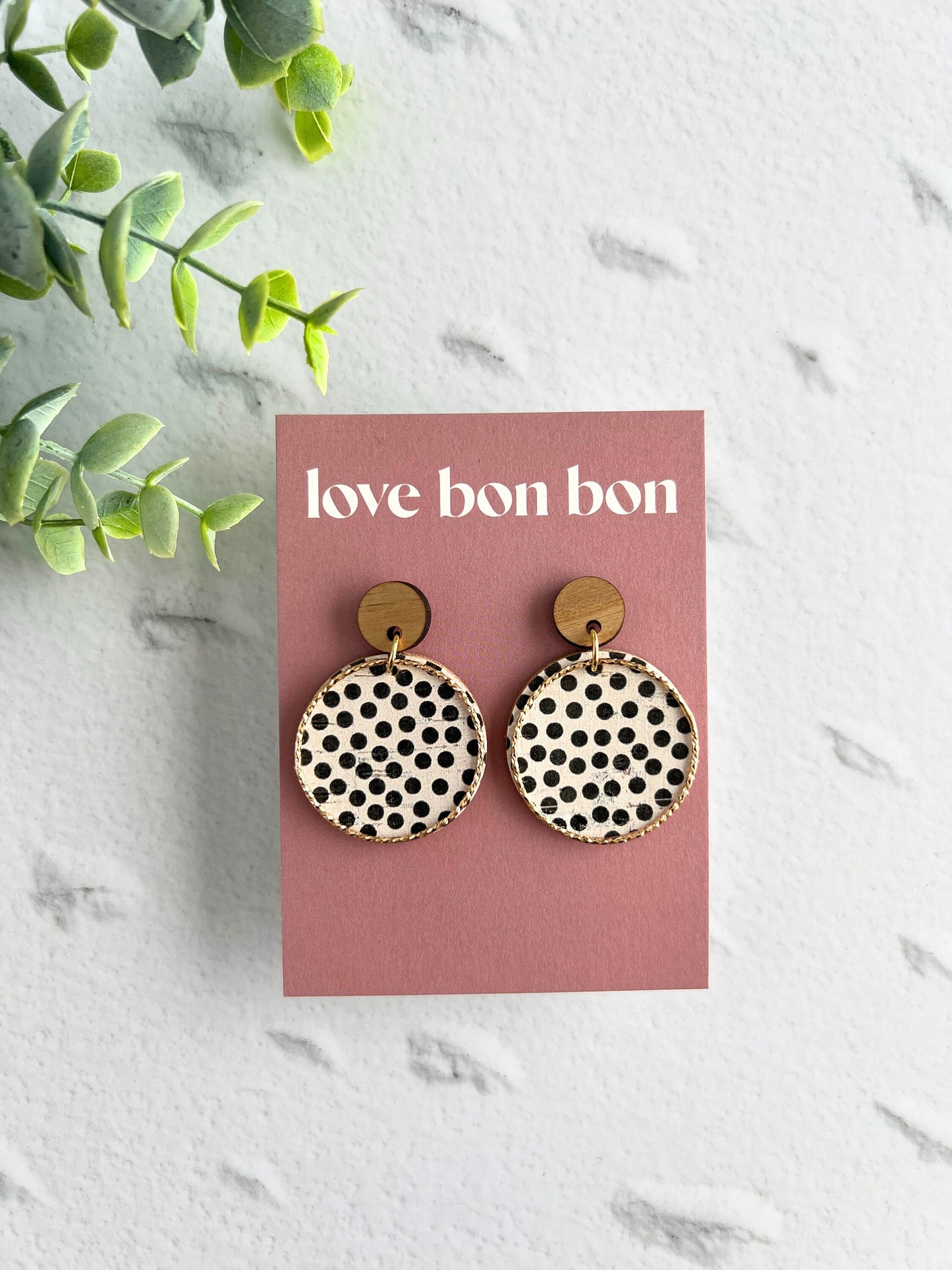Cork and Leather Handmade Circle Earring with Wooden topper, dangle earring, handmade earring, hypo-allergenic stainless steel post