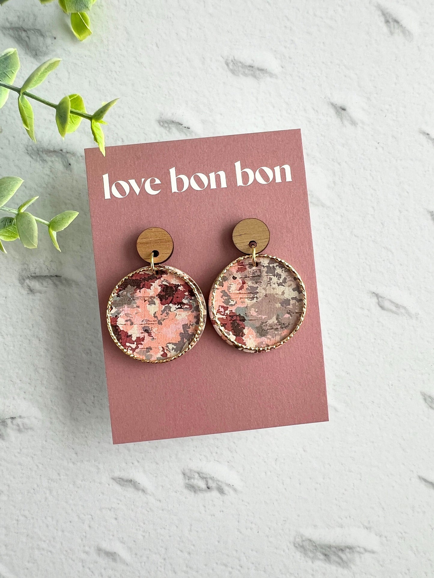 Cork and Leather Handmade Circle Earring with Wooden topper, dangle earring, handmade earring, hypo-allergenic stainless steel post