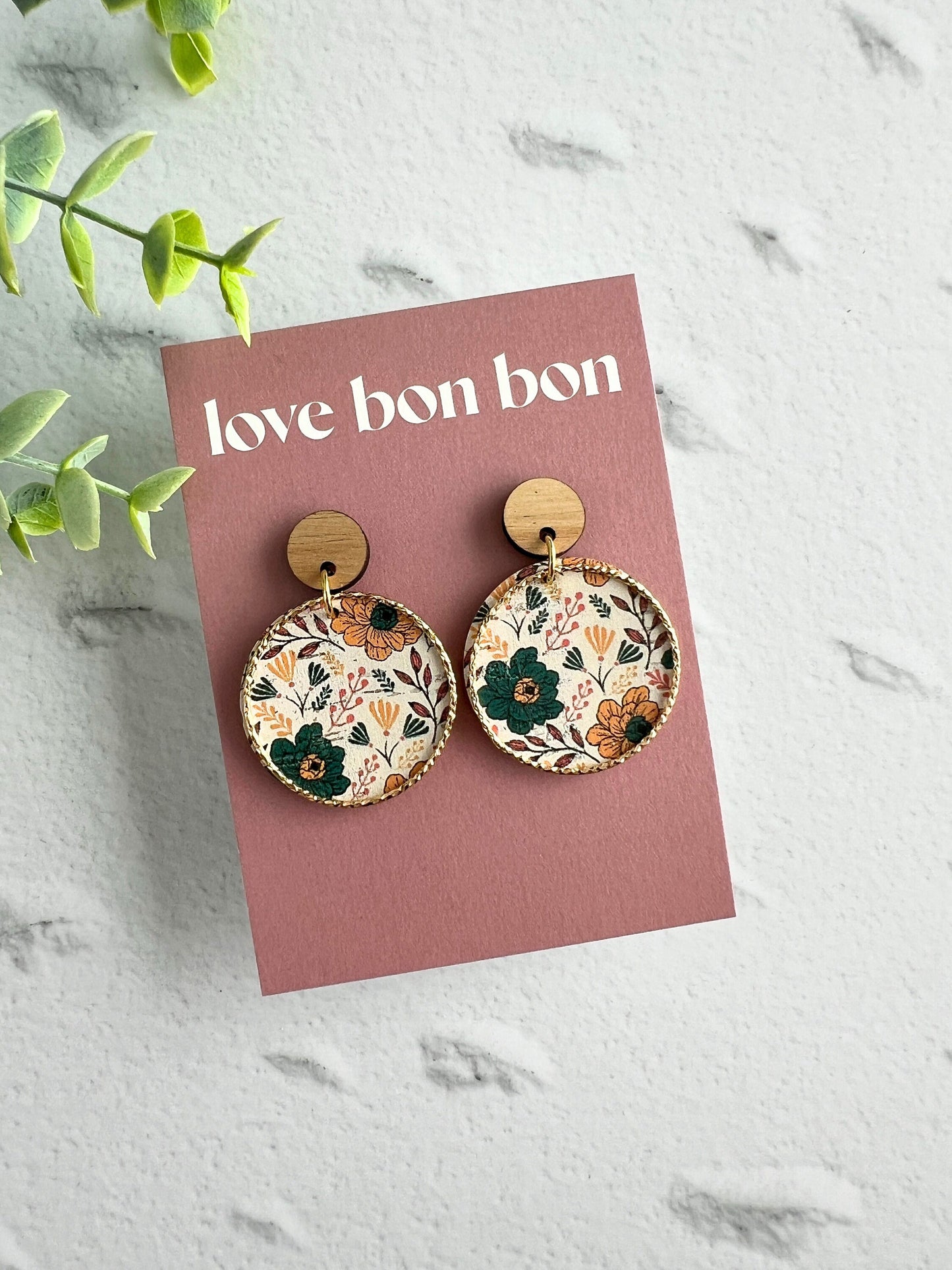 Cork and Leather Handmade Circle Earring with Wooden topper, dangle earring, handmade earring, hypo-allergenic stainless steel post
