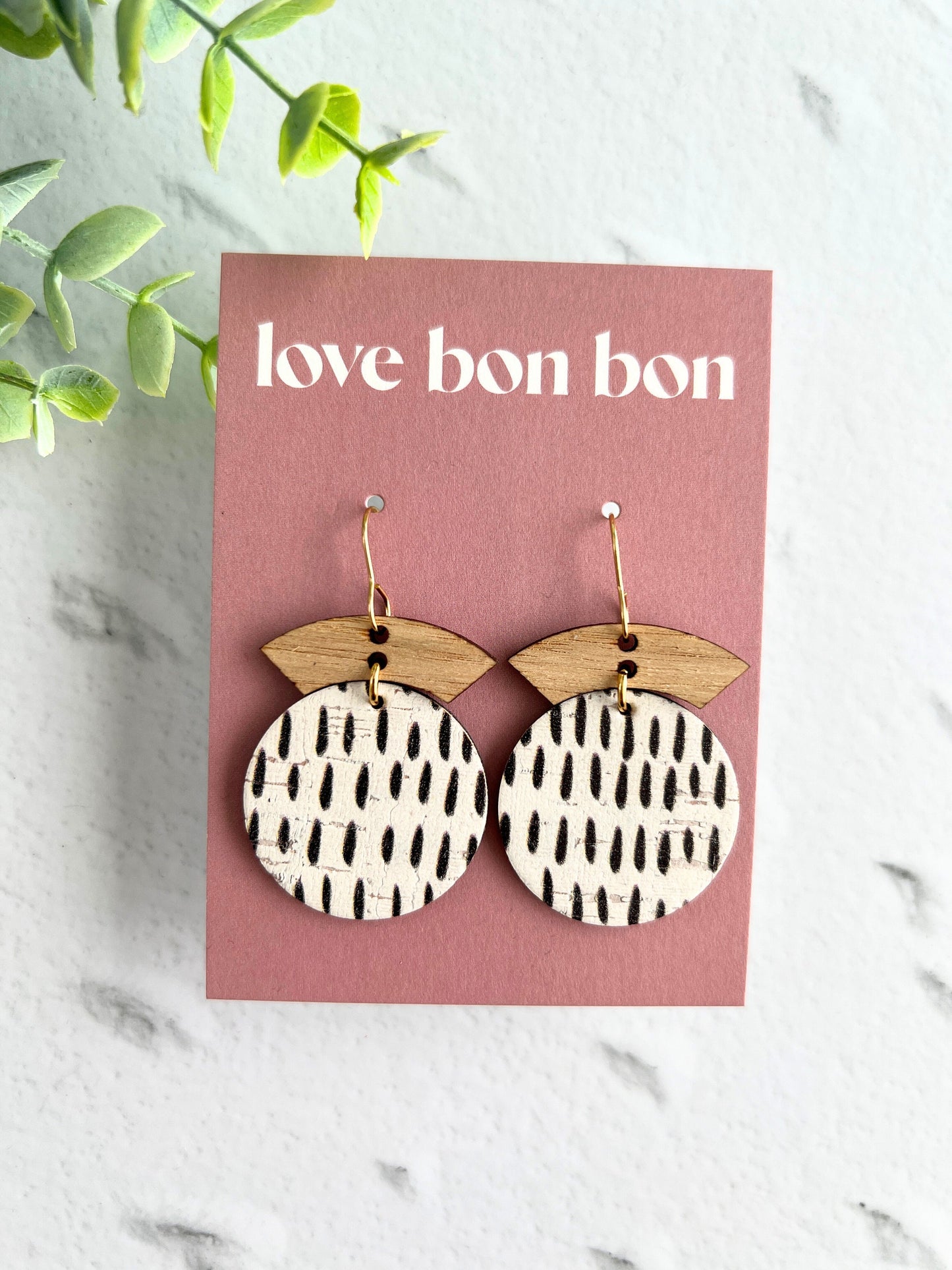 Cork and Leather Handmade Circle Earring with Wooden bar, dangle earring, handmade earring, hypo-allergenic stainless steel ear hook