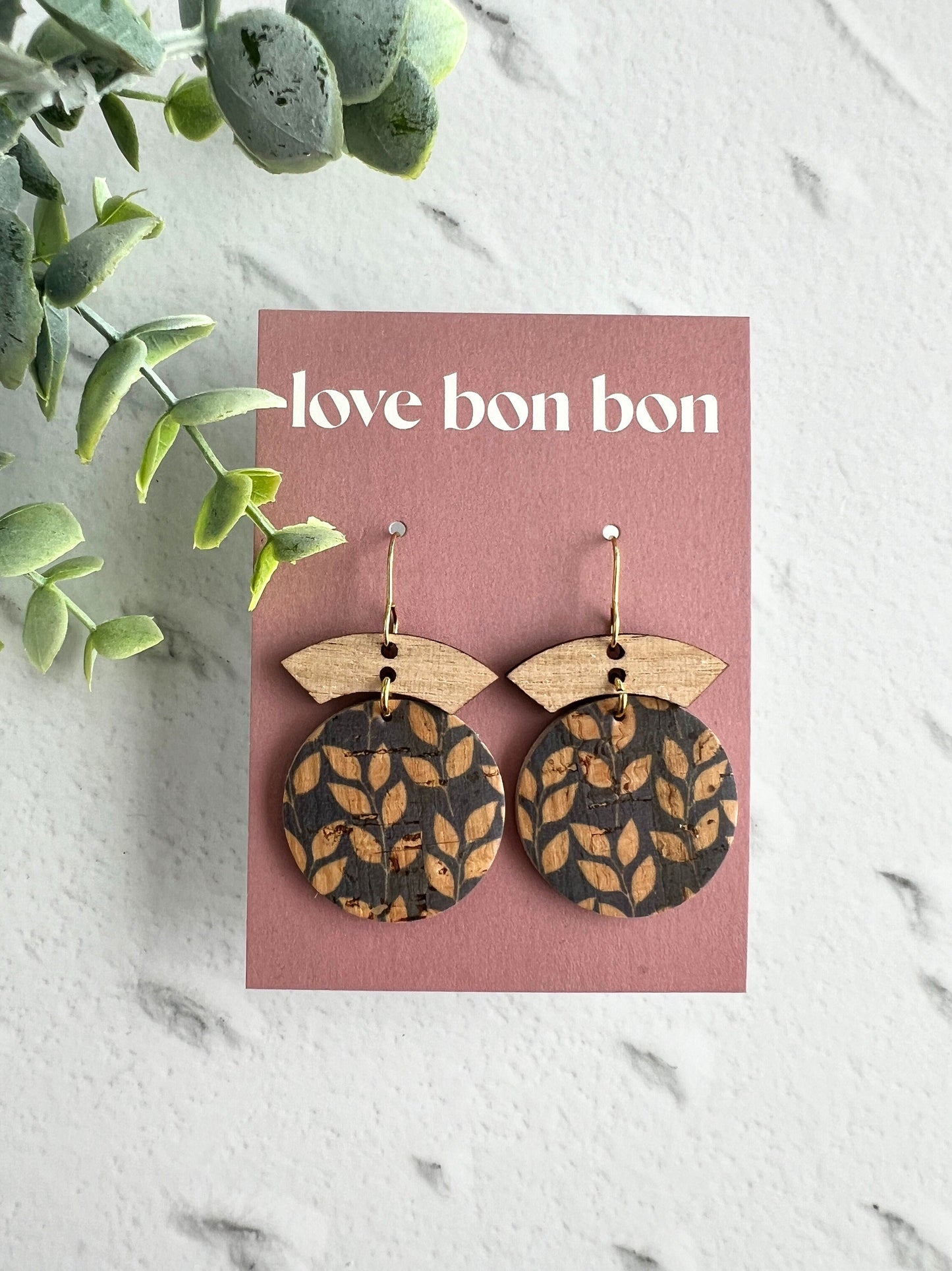 Cork and Leather Handmade Circle Earring with Wooden bar, dangle earring, handmade earring, hypo-allergenic stainless steel ear hook